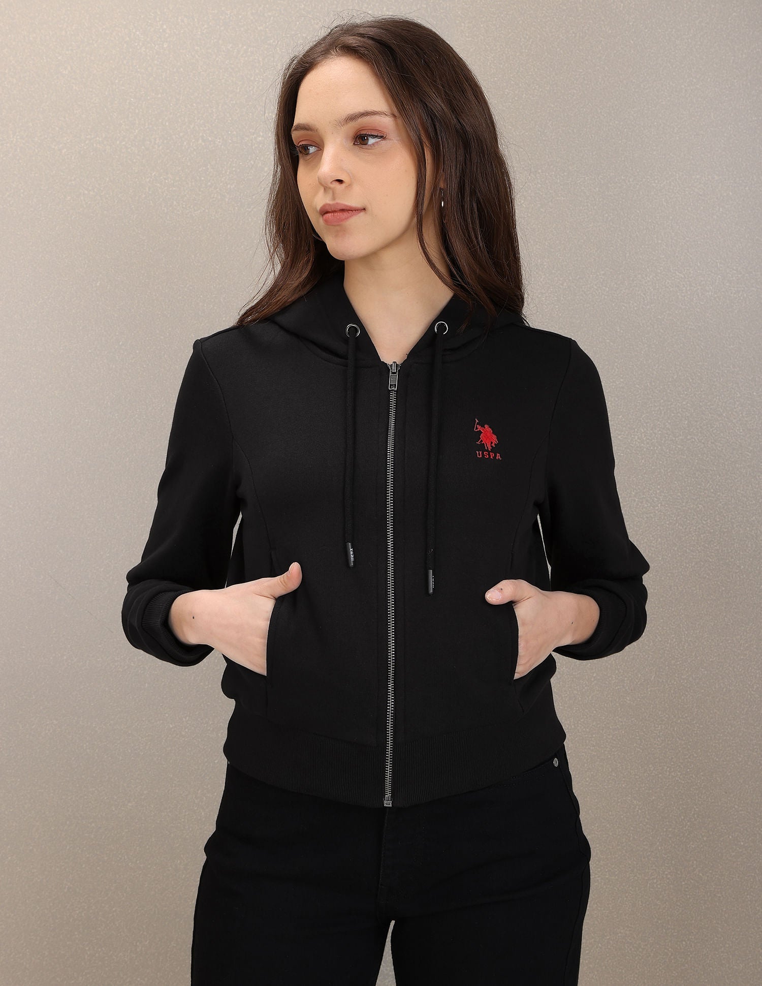 Full Zip Placket Solid Sweatshirt Black - U.S. POLO ASSN. | Large