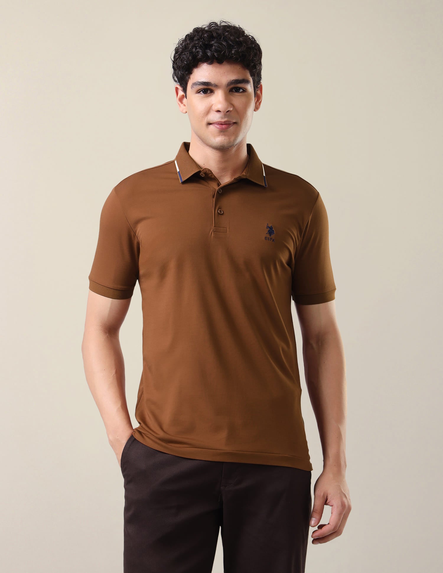 Solid Slim Fit Polo Shirt Brown - U.S. Polo Assn. India | Large