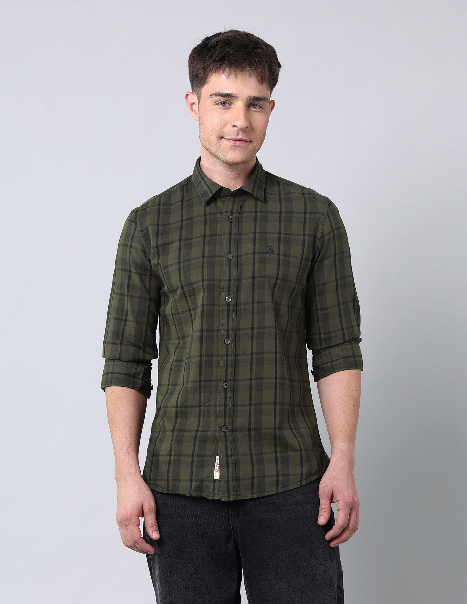 Grid Tattersall Checked Pure Cotton Shirt Olive - U.S. Polo Assn. India | Large
