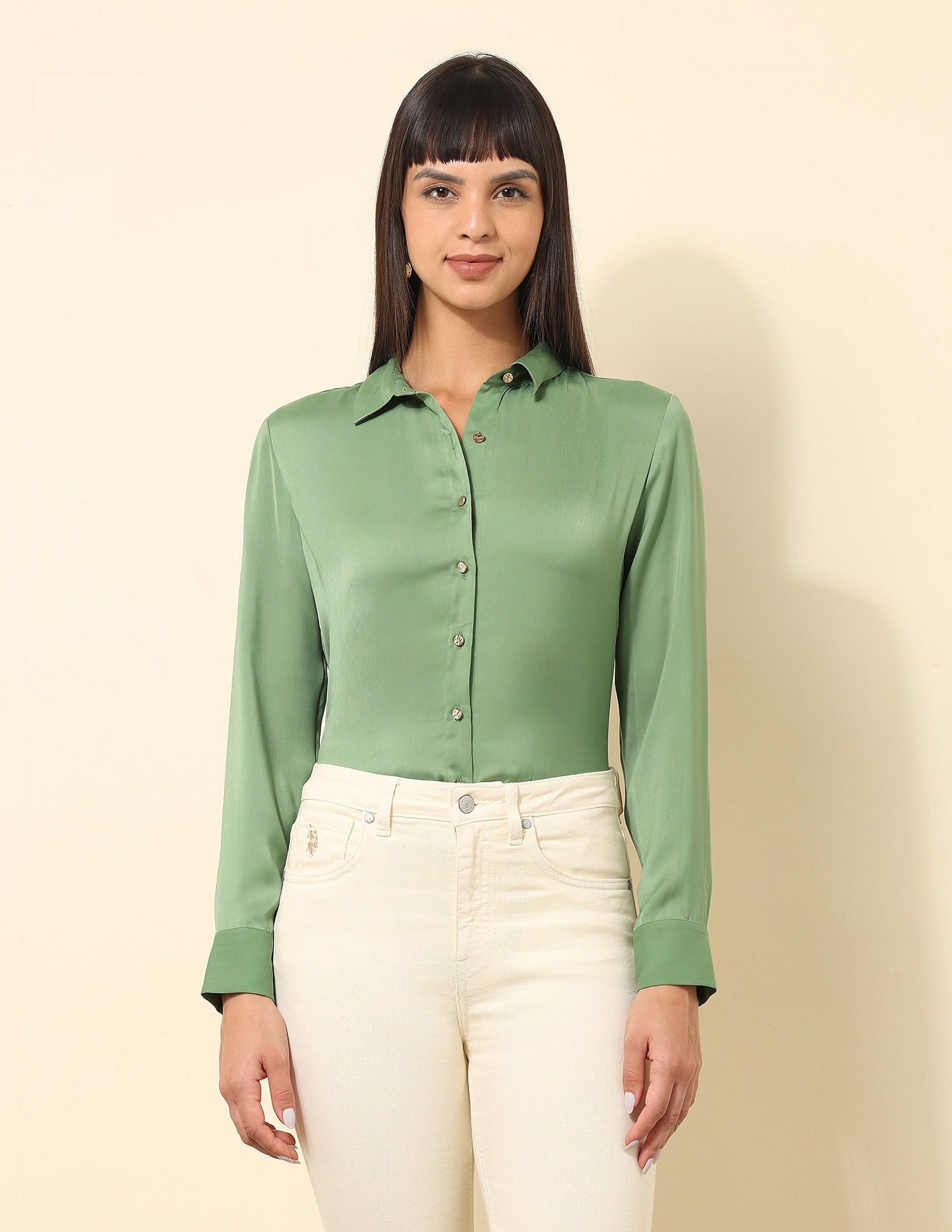 Satin Solid Shirt Olive - U.S. POLO ASSN. | Large