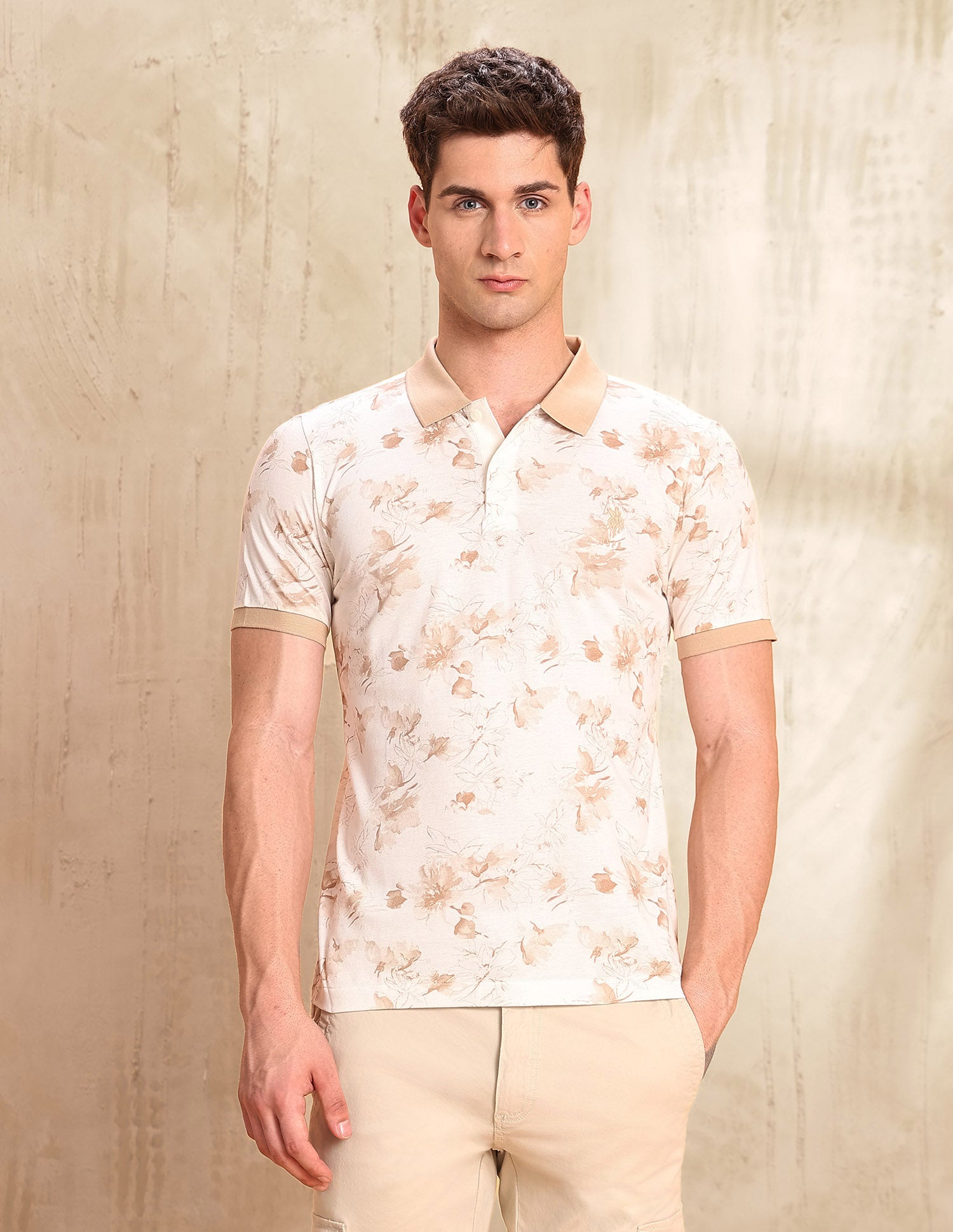 Floral Printed Slim Fit Polo Shirt Light Brown - U.S. POLO ASSN. | Large