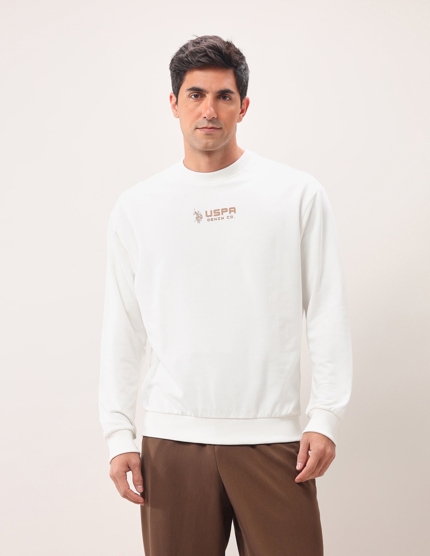Brand Printed Crew Neck Sweatshirt Ivory - U.S. POLO ASSN. | Large