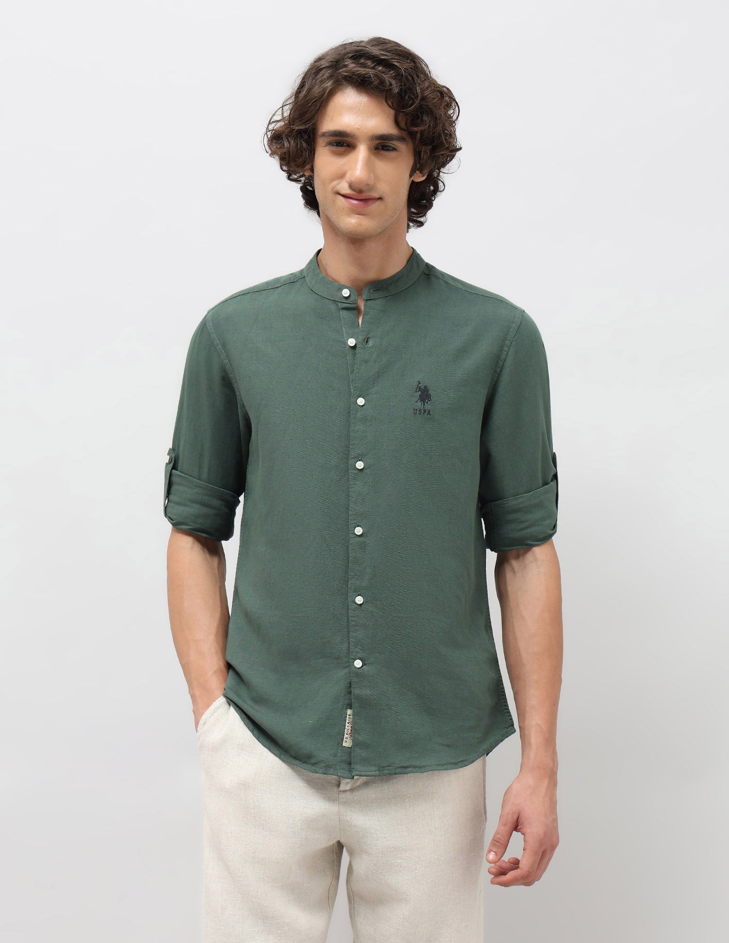 Solid Regular Fit Mandarin Shirt Green - U.S. POLO ASSN. | Large