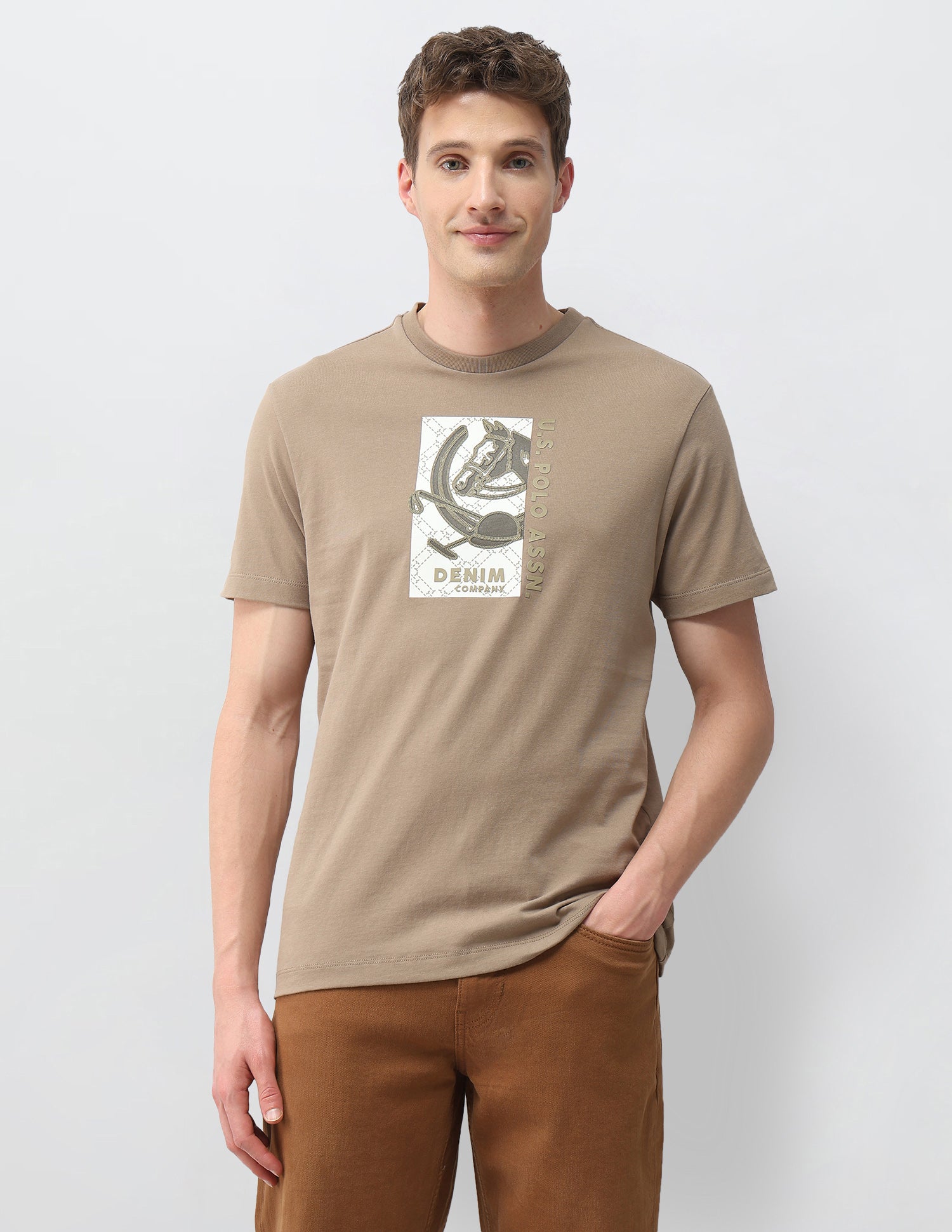 Graphic Brand Embossed Slim Fit T-Shirt Beige - U.S. Polo Assn. India | Large