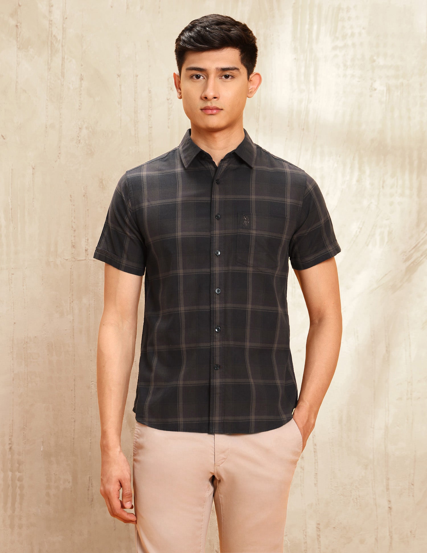 Windowpane Checked Tailored Fit Shirt Brown - U.S. POLO ASSN. | Large