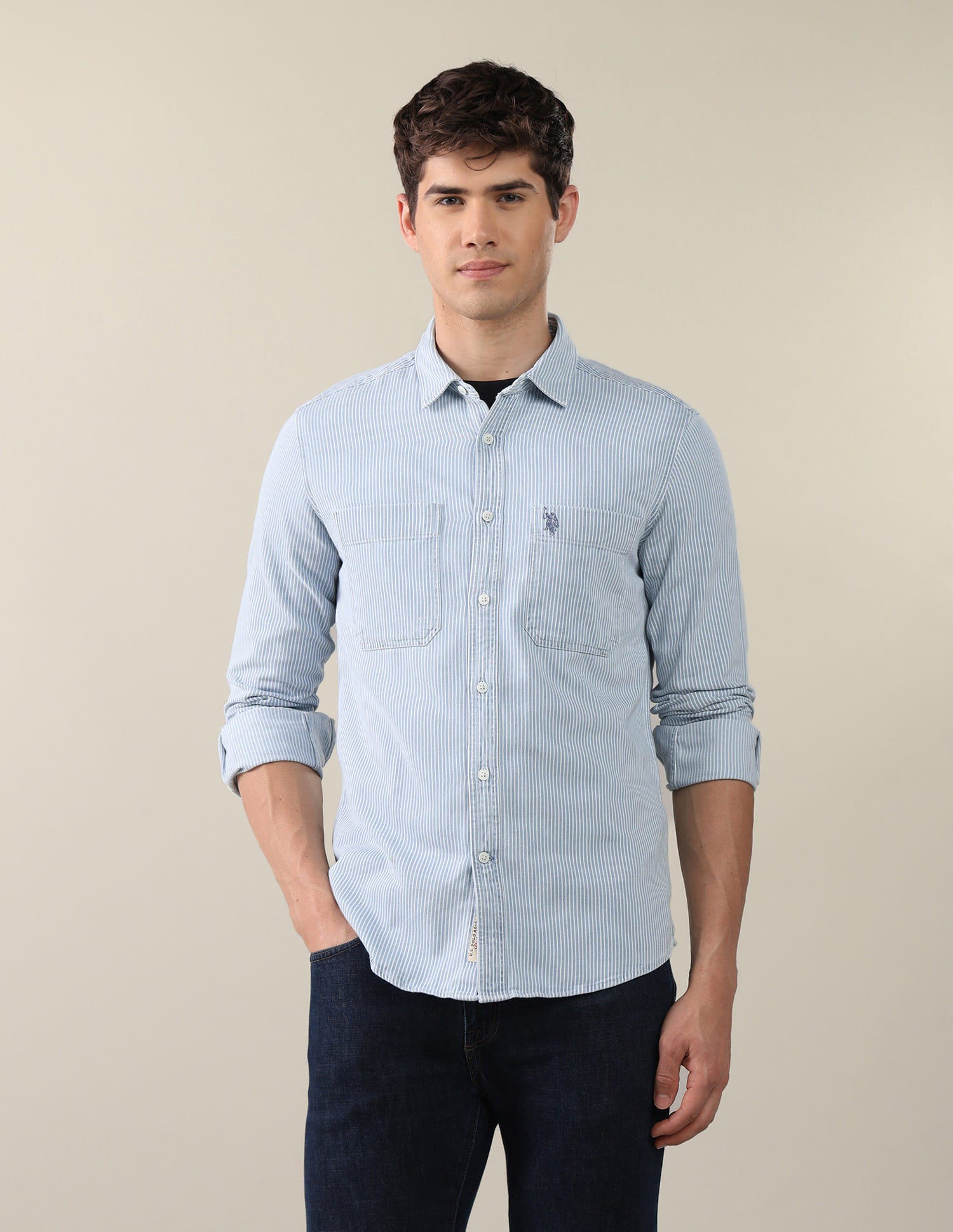 Twill Vertical Striped Shirt Blue - U.S. Polo Assn. India | Large