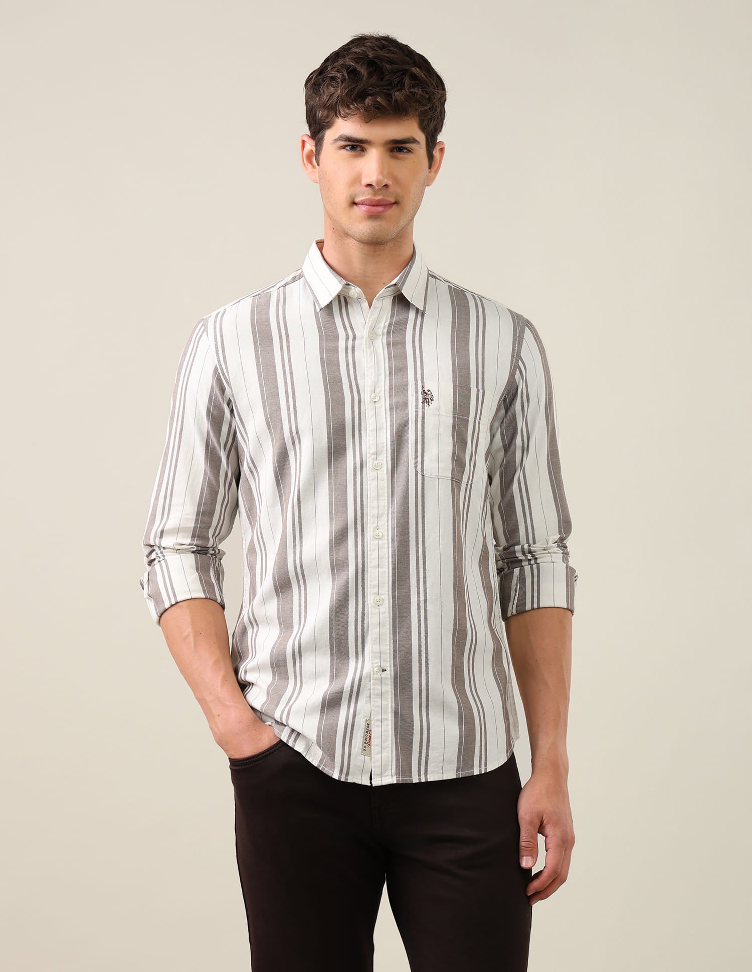 Vertical Striped Regular Fit Shirt Brown - U.S. Polo Assn. India | Large