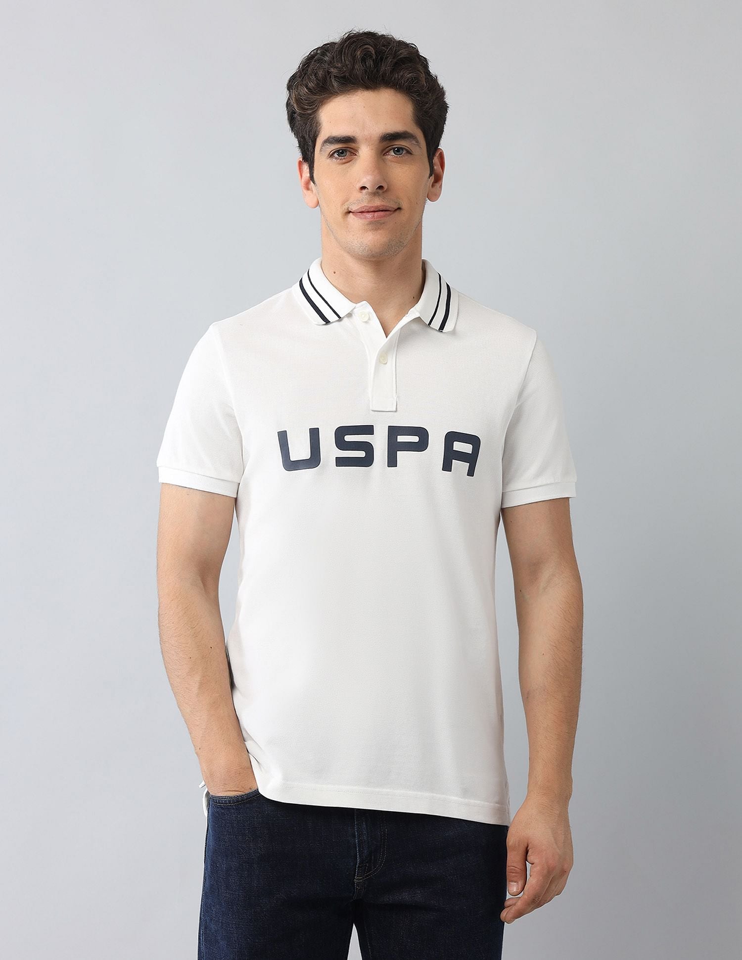 Muscle Fit Brand Printed Polo Shirt Ivory - U.S. Polo Assn. India | Large