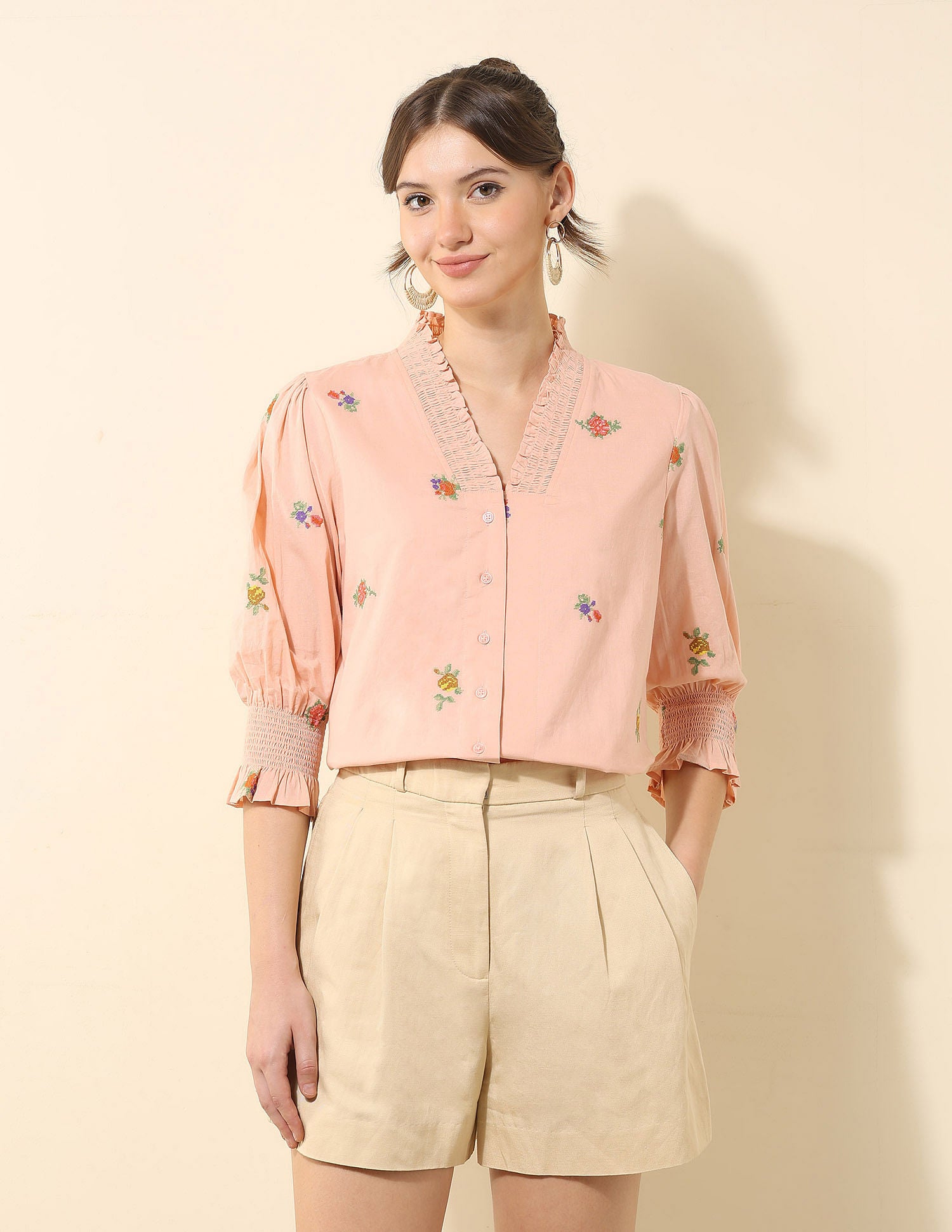 Floral Embroidered Ruffle Top Peach - U.S. POLO ASSN. | Large