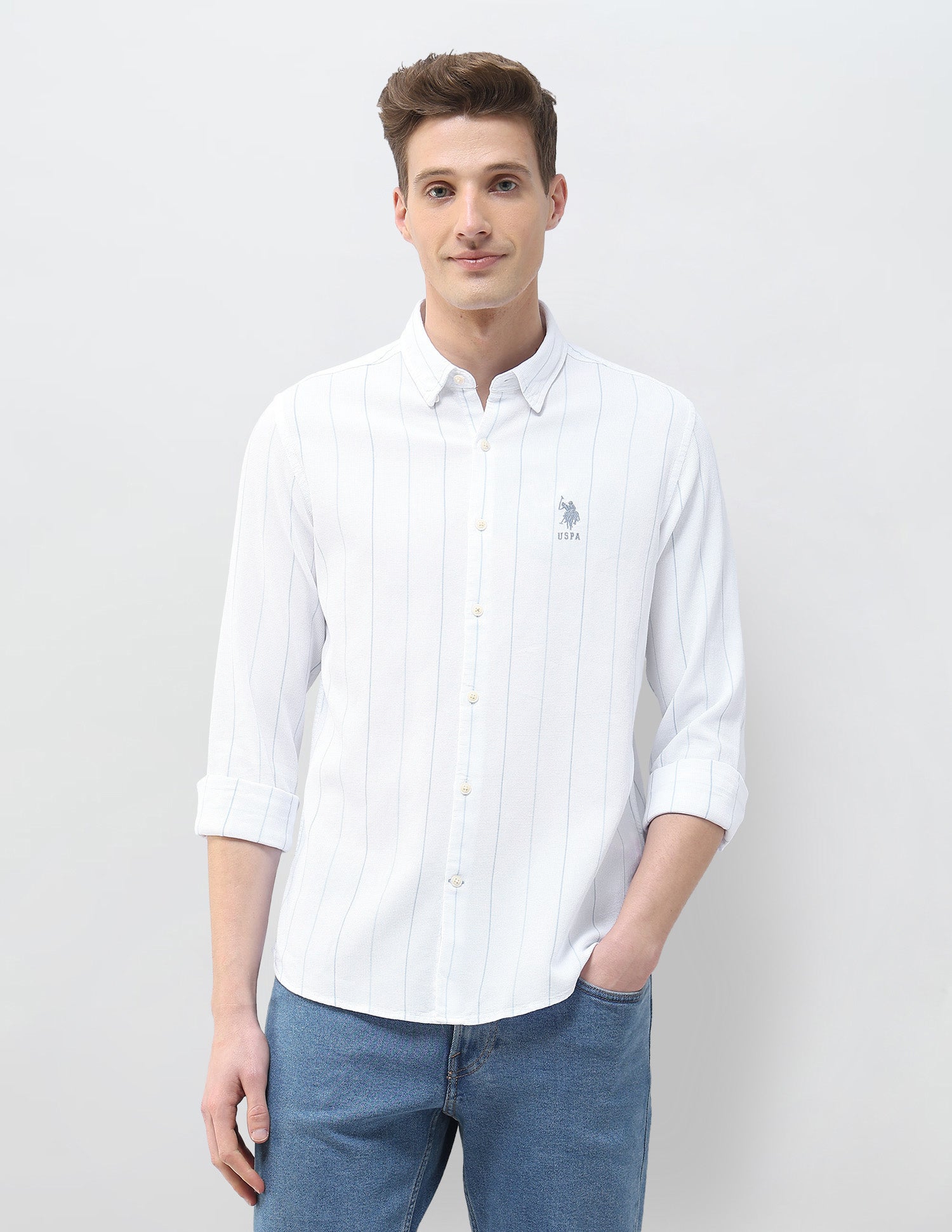 Textured Vertical Striped Motel On The Coast Shirt Ecru - U.S. Polo Assn. India | Large