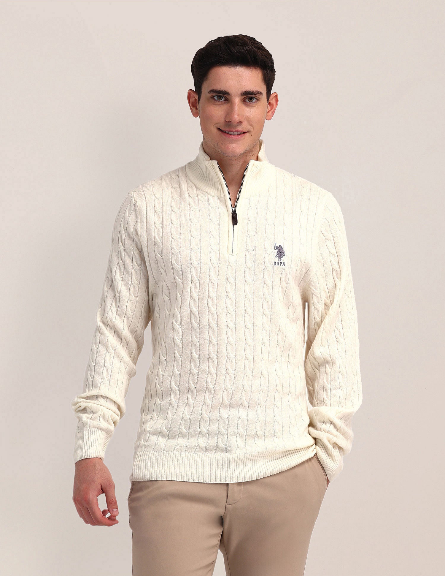 High Neck Zipper Sweater Off White - U.S. Polo Assn. India | Large