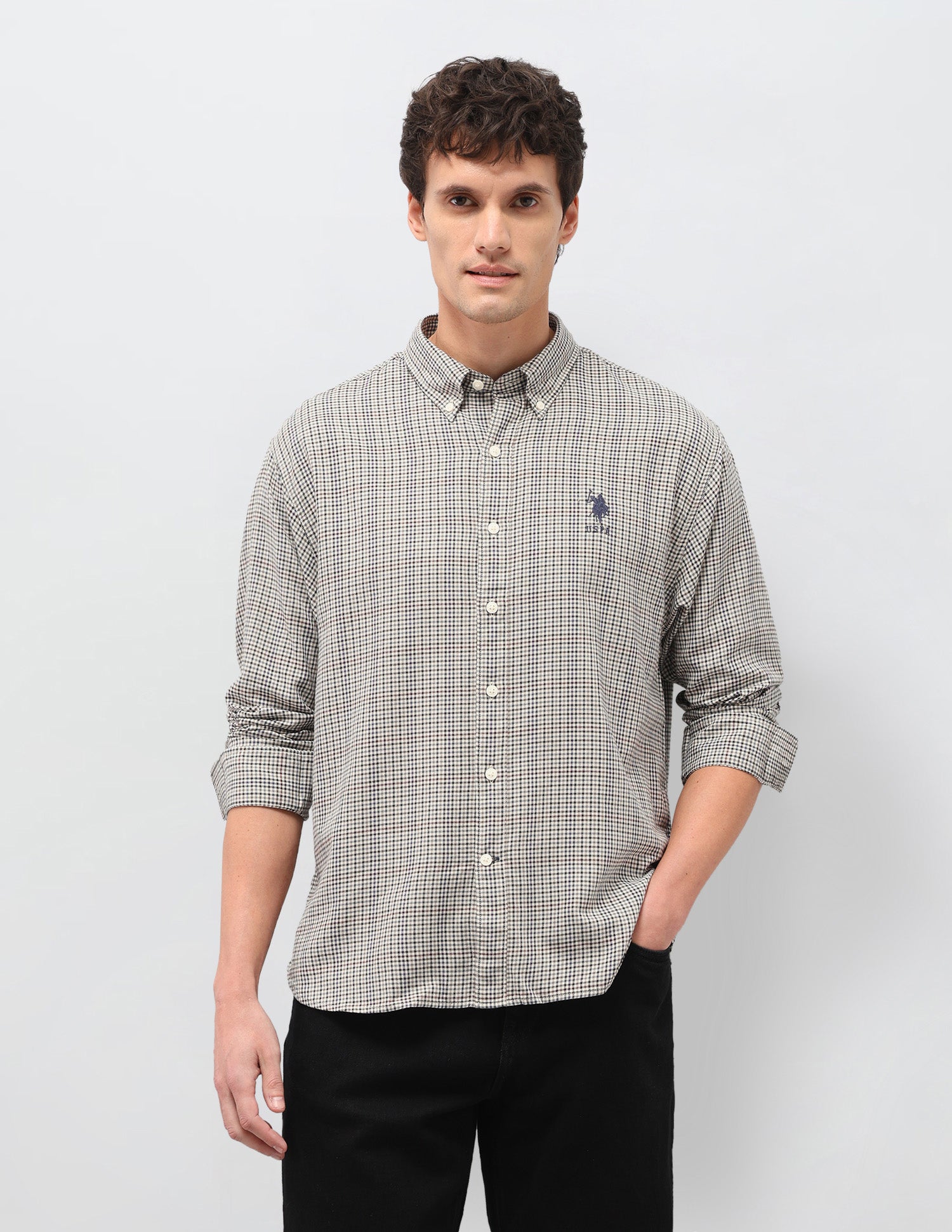 Grid Tattersall Checked Dobby Shirt Beige - U.S. Polo Assn. India | Large