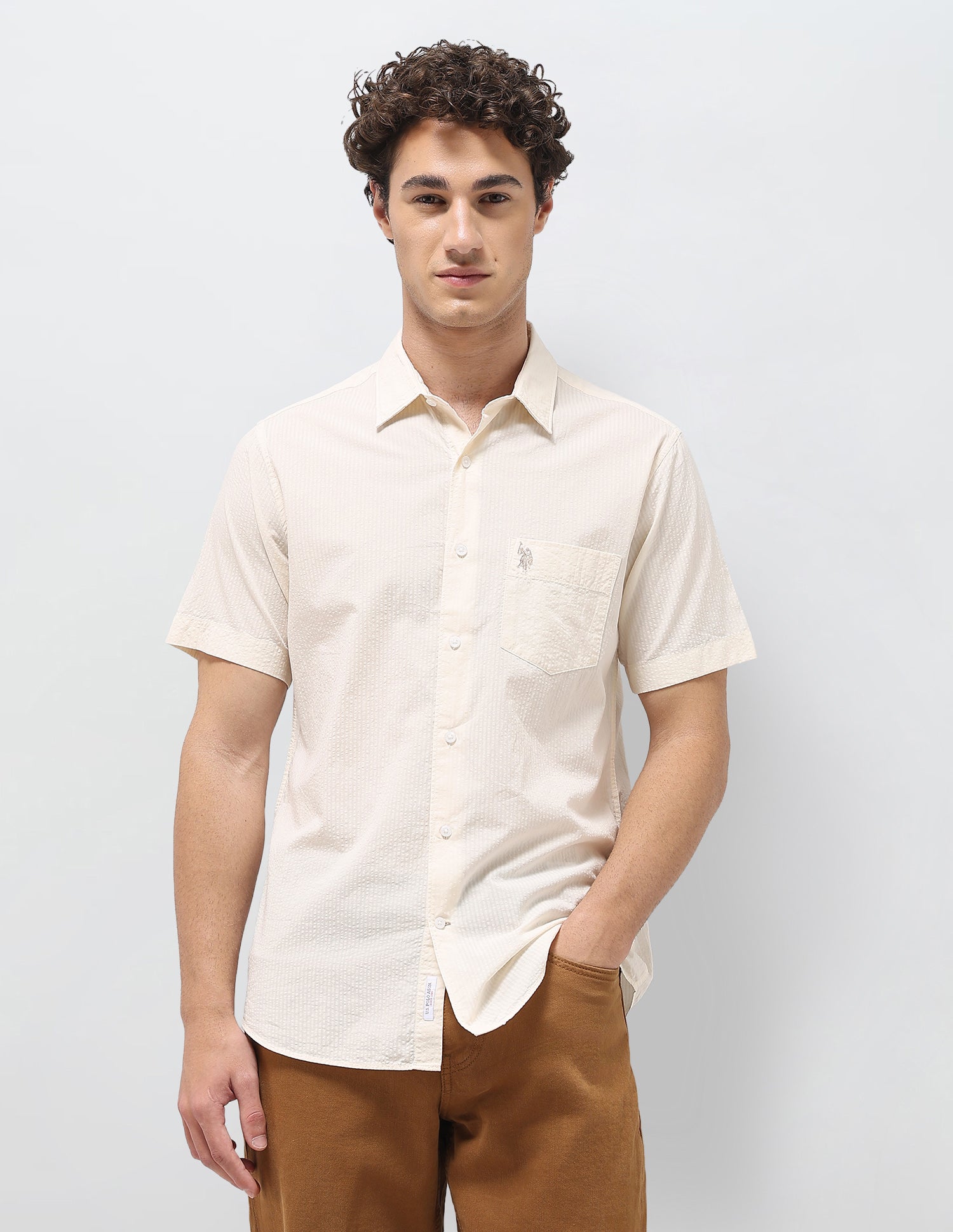 Regular Fit Seersucker Shirt Ivory - U.S. Polo Assn. India | Large