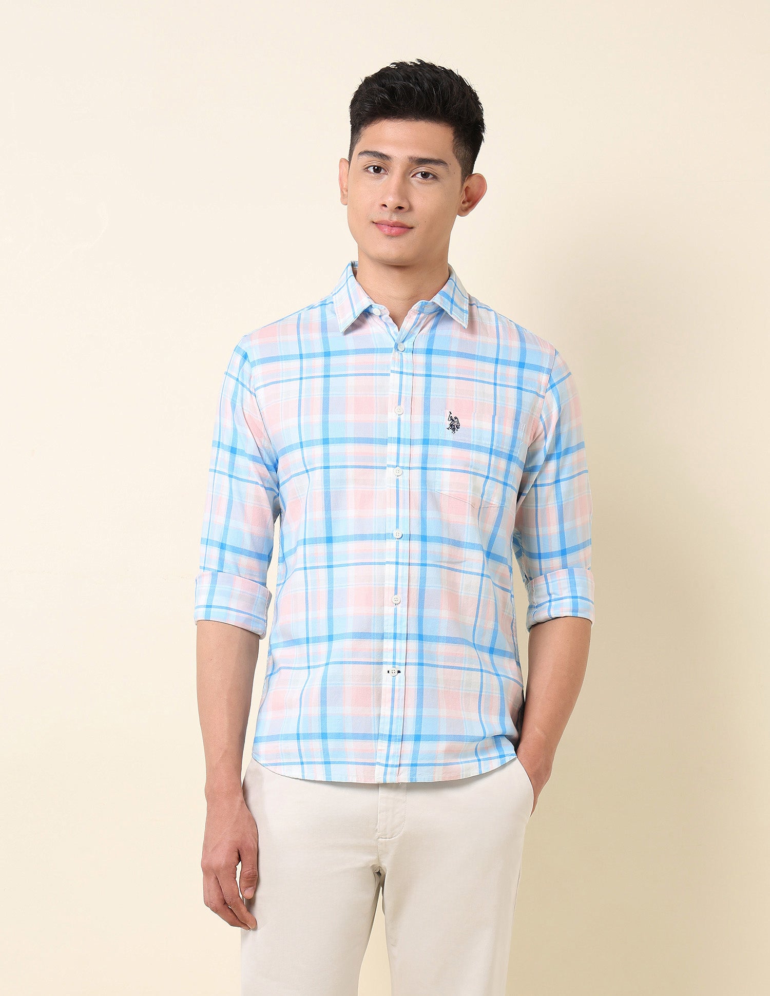 Pure Cotton Grid Tattersall Checked Shirt Blue - U.S. Polo Assn. India | Large