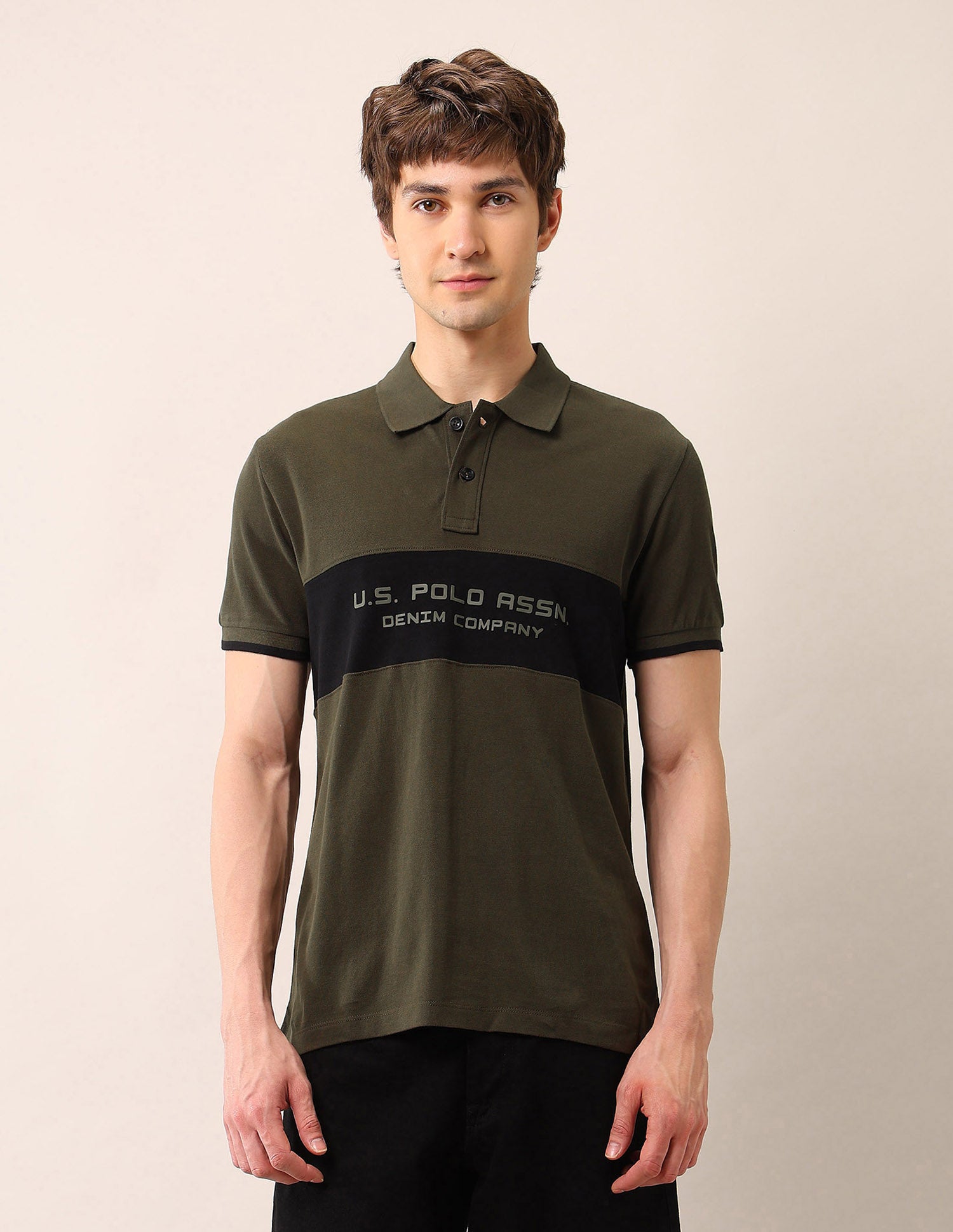 Brand Printed Pure Cotton Polo Shirt Olive - U.S. Polo Assn. India | Large