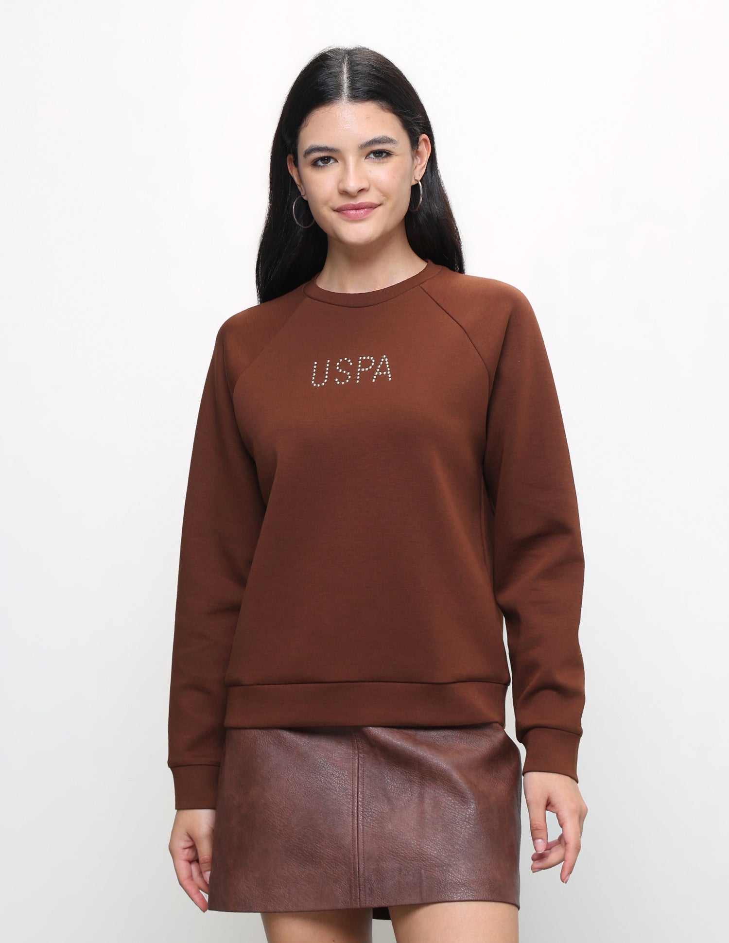 Brand Stud Embellished Oversized Fit Sweatshirt Brown - U.S. Polo Assn. India | Large