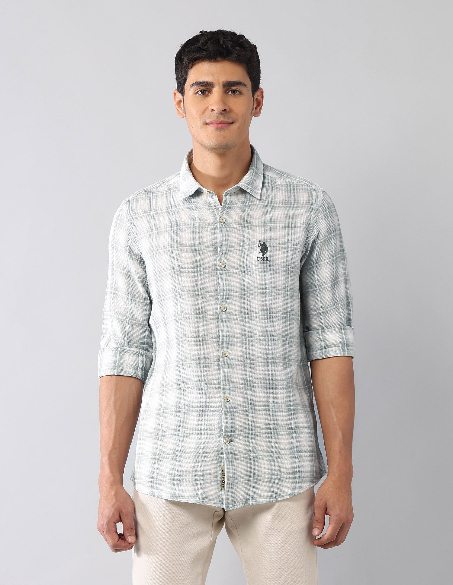 Tartan Checked Dobby Regular Fit Shirt Light Green - U.S. Polo Assn. India | Large