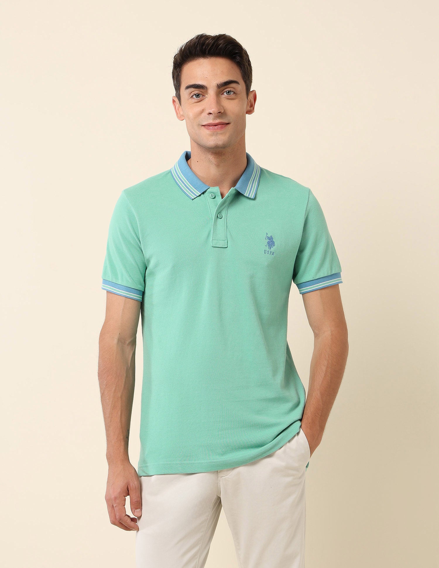 Slim Fit Solid Polo Shirt Aqua - U.S. Polo Assn. India | Large