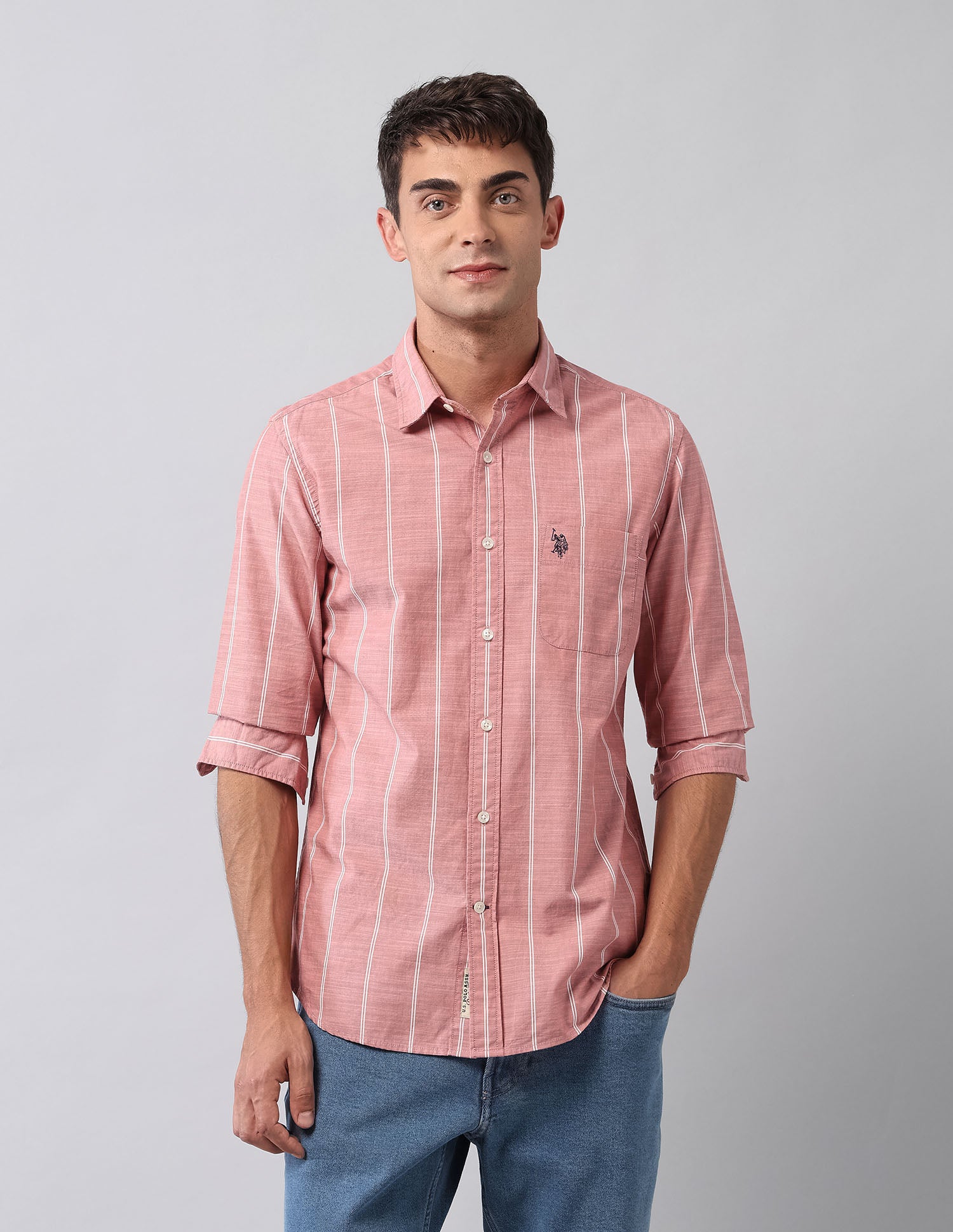 Pure Cotton Vertical Striped Shirt Peach - U.S. Polo Assn. India | Large