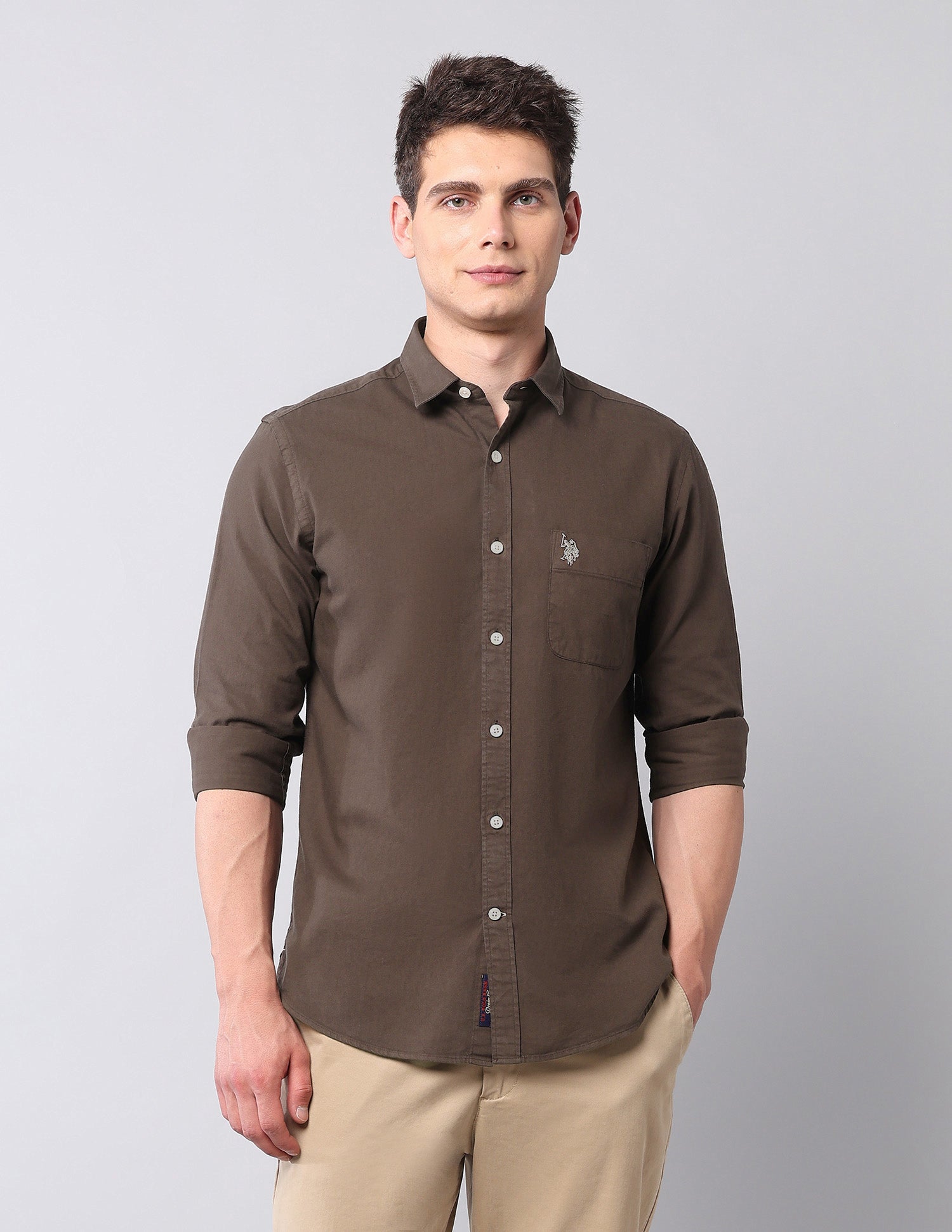 Slim Fit Pure Cotton Twill Shirt Brown - U.S. POLO ASSN. | Large