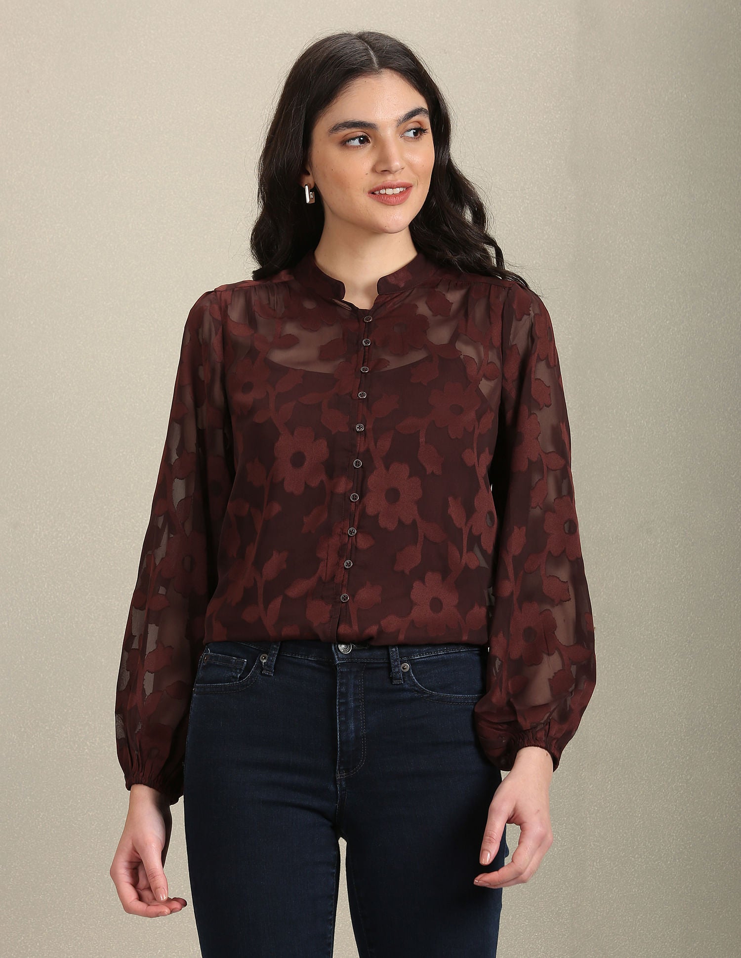 Mandarin Collar Lace Shirt Brown - U.S. Polo Assn. India | Large