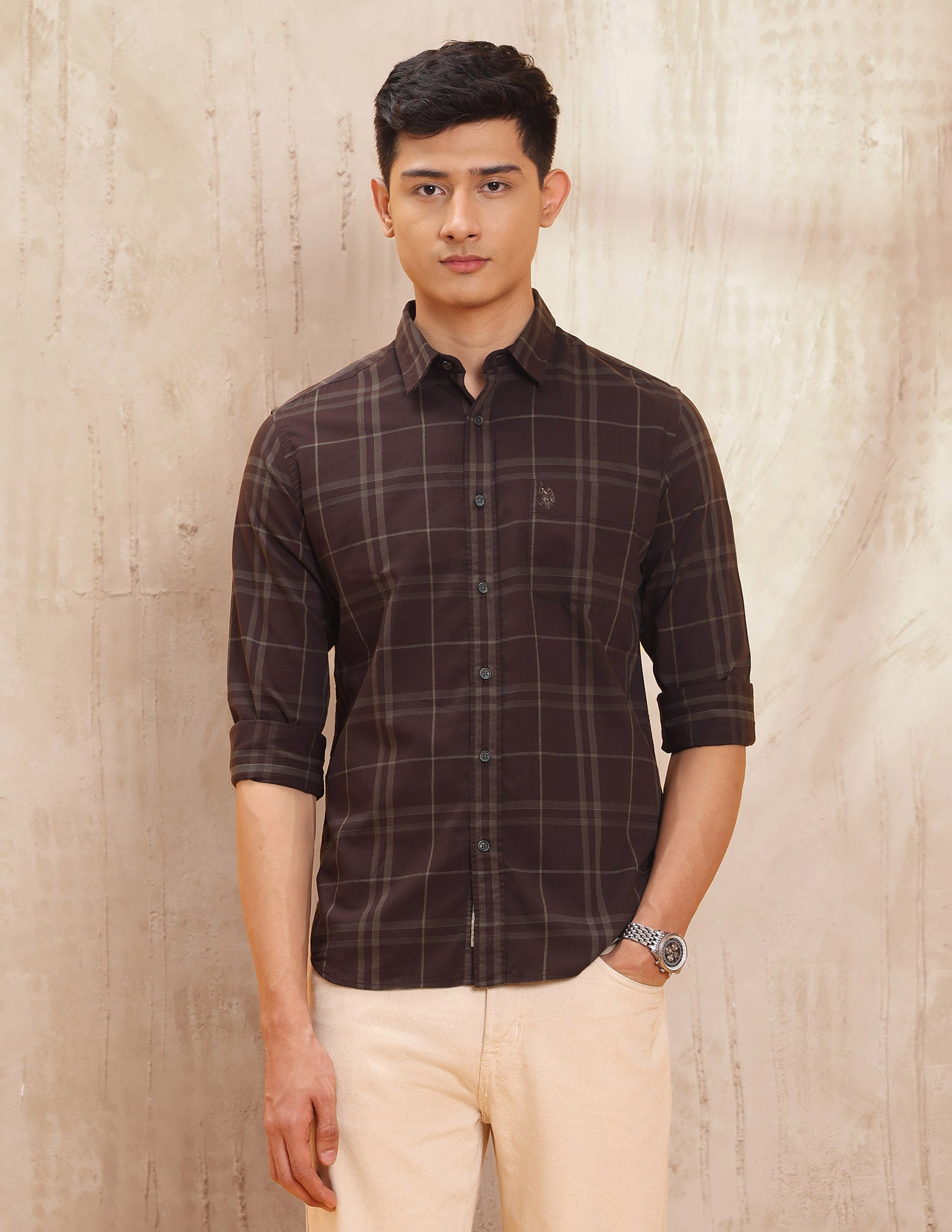 Grid Tattersall Checked Pure Cotton Shirt Wine - U.S. POLO ASSN. | Large