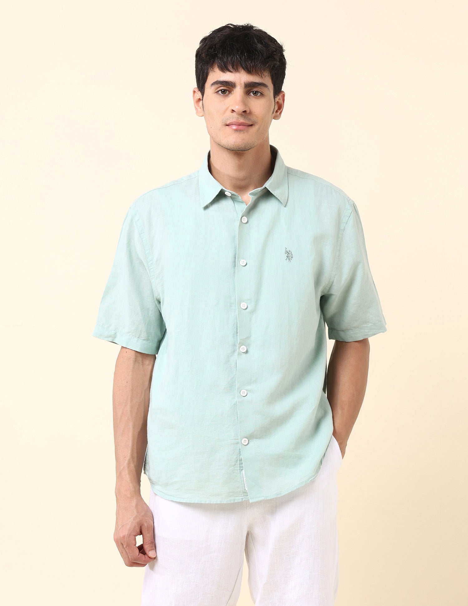 Solid Tailored Fit Amsler Shirt Light Green - U.S. Polo Assn. India | Large