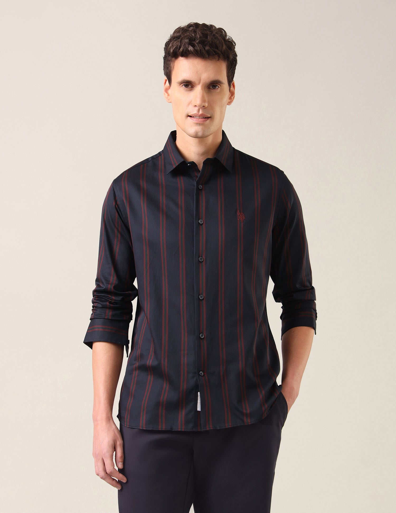 Vertical Striped Satin Shirt Navy - U.S. Polo Assn. India | Large
