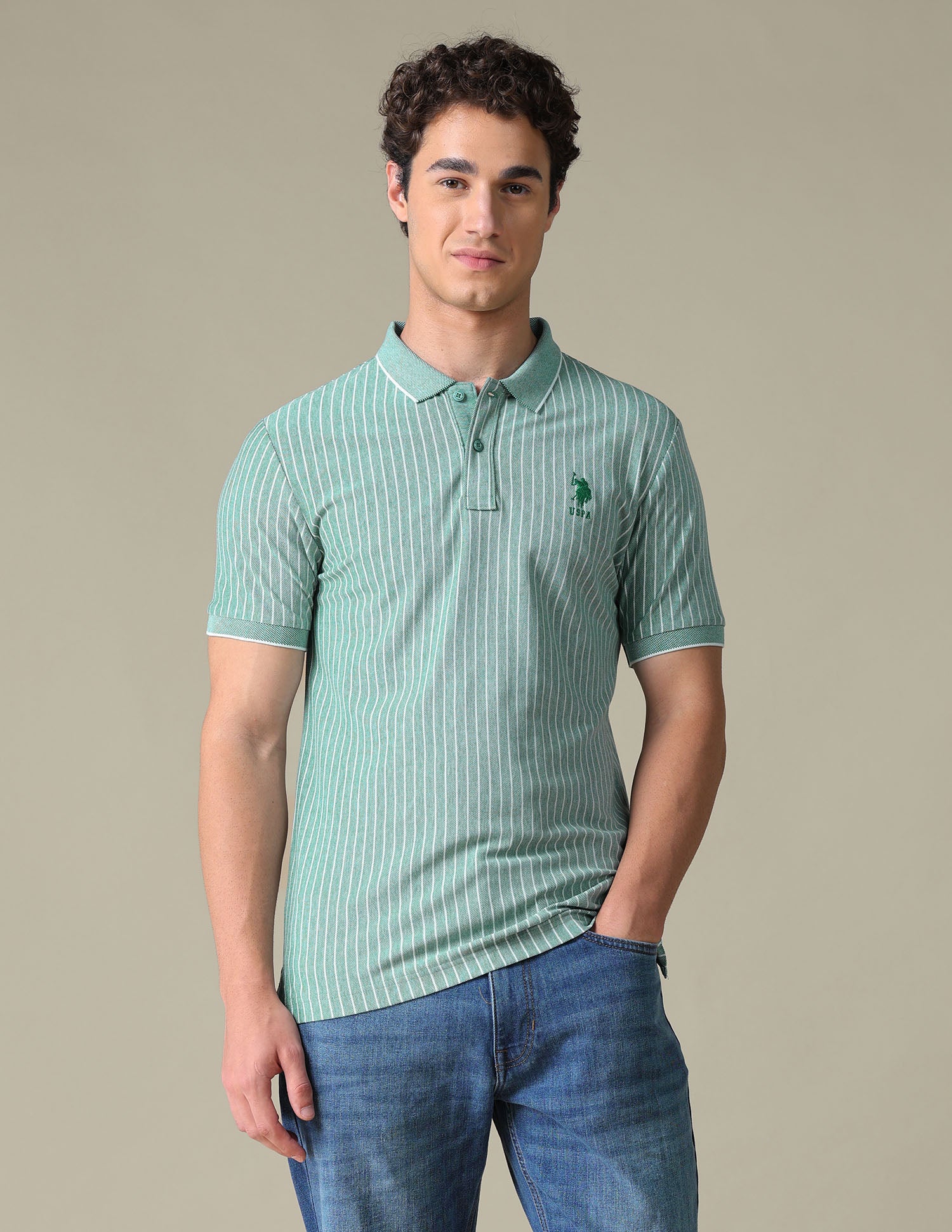 Vertical Striped Regular Fit Polo Shirt Green - U.S. Polo Assn. India | Large