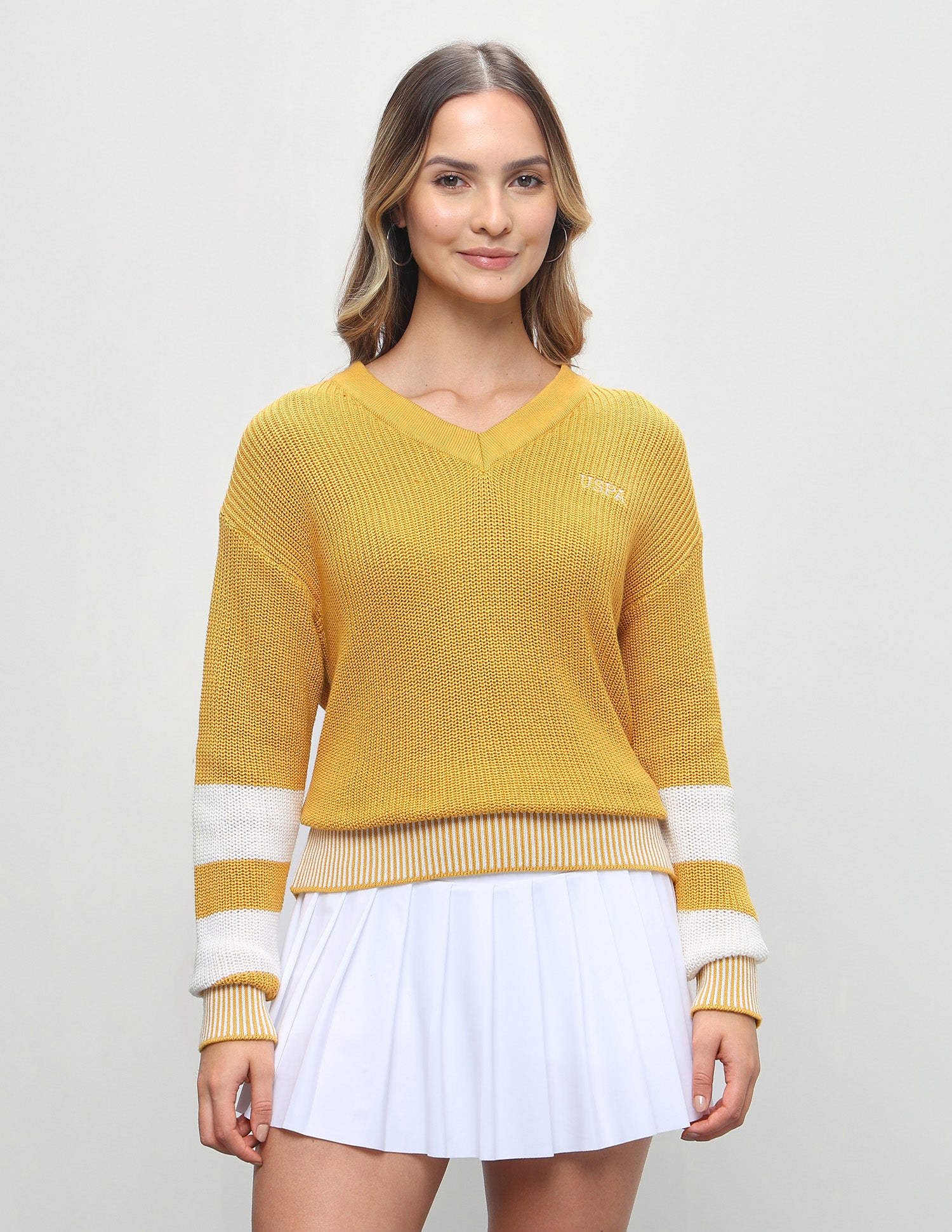 Vertical Striped Patterned Knit Regular Fit Sweater Mustard - U.S. Polo Assn. India | Large