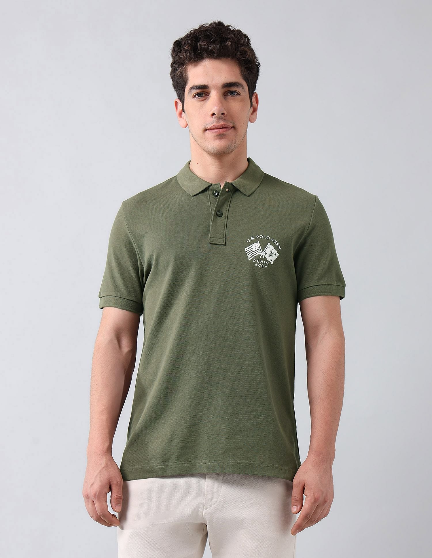 Muscle Fit Brand Printed Polo Shirt Light Olive - U.S. Polo Assn. India | Large