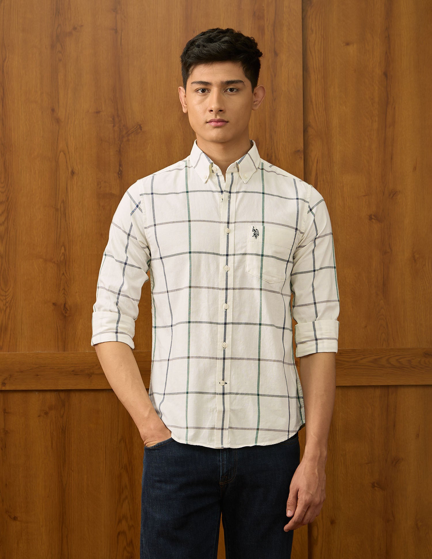 Windowpane Checked Tailored Fit Varsity Shirt Ivory - U.S. POLO ASSN. | Large