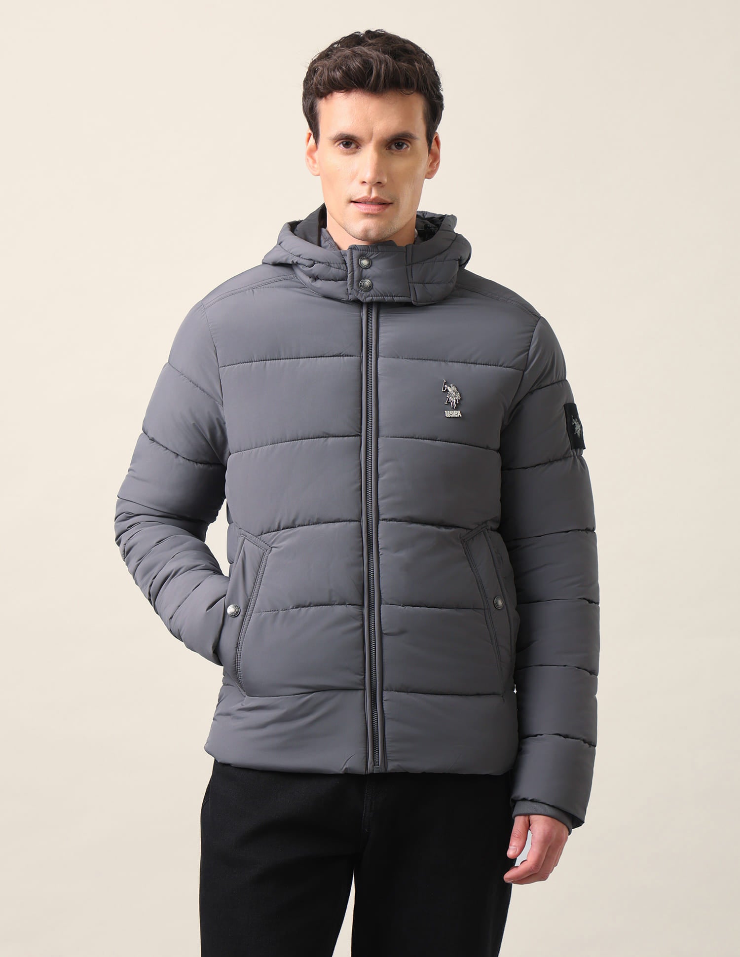 Regular Fit Solid Padded Jacket Dark Grey - U.S. Polo Assn. India | Large