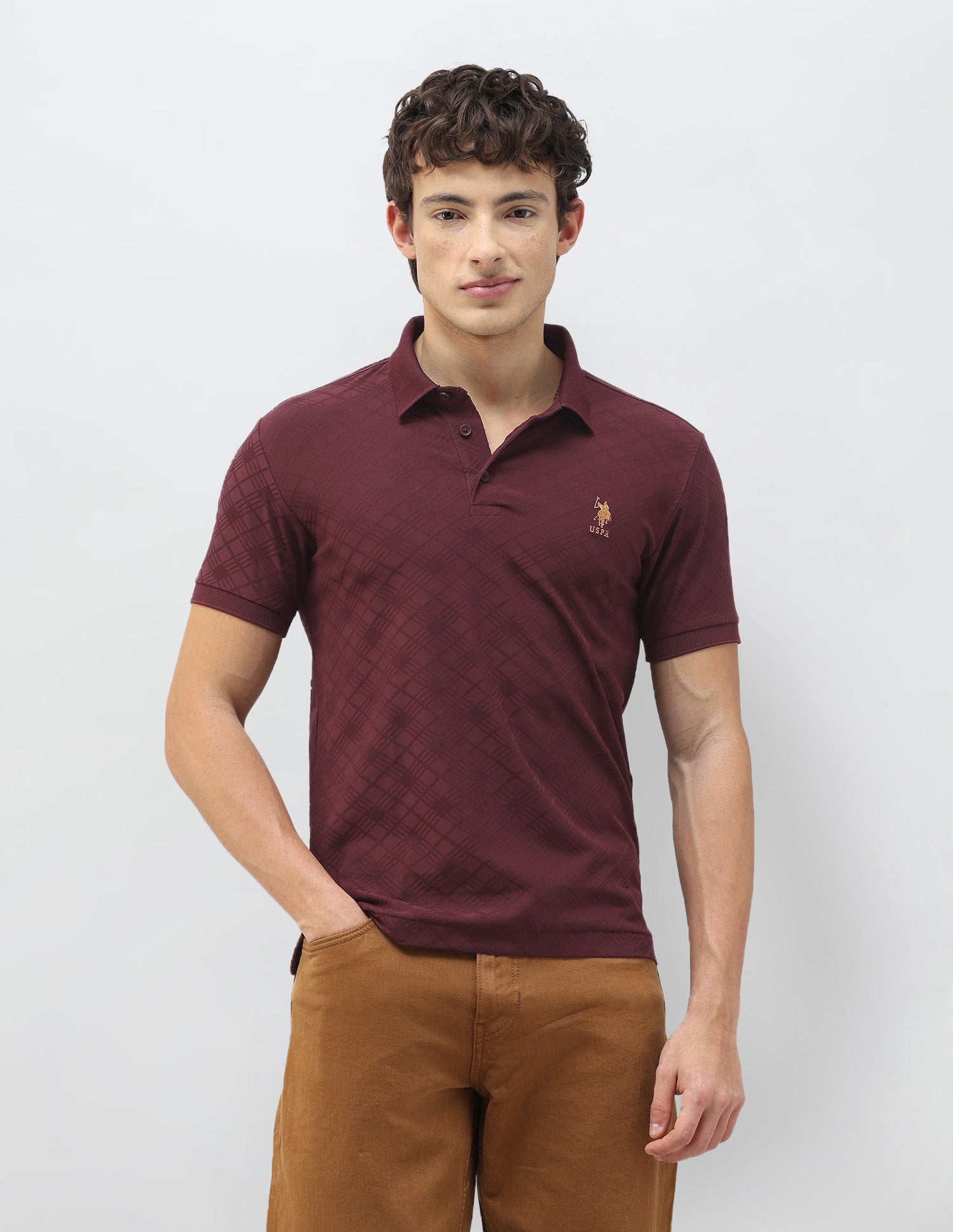 Geometric Patterned Knit Slim Fit Polo Shirt Wine - U.S. Polo Assn. India | Large