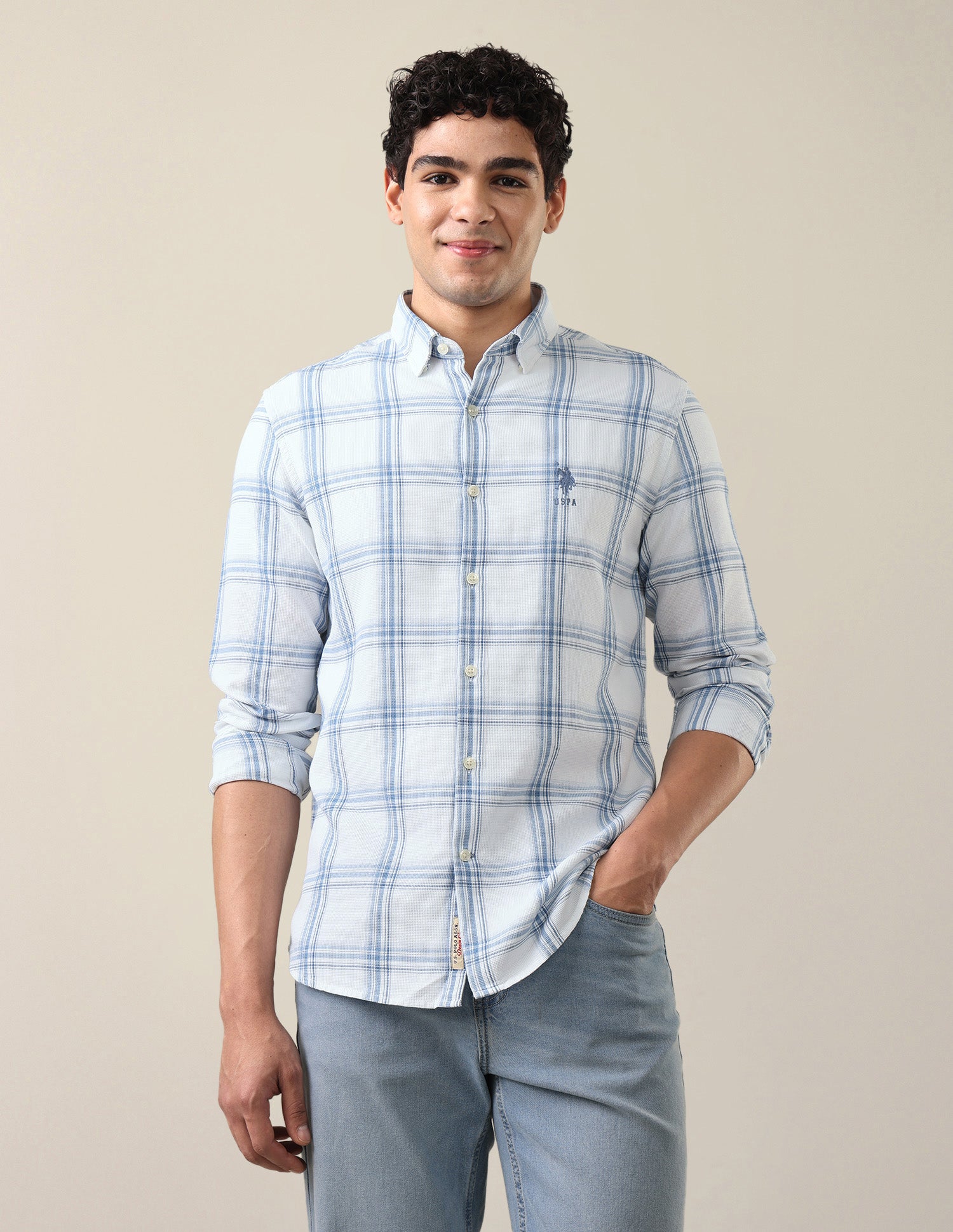 Windowpane Checked Regular Fit Shirt Light Indigo - U.S. Polo Assn. India | Large