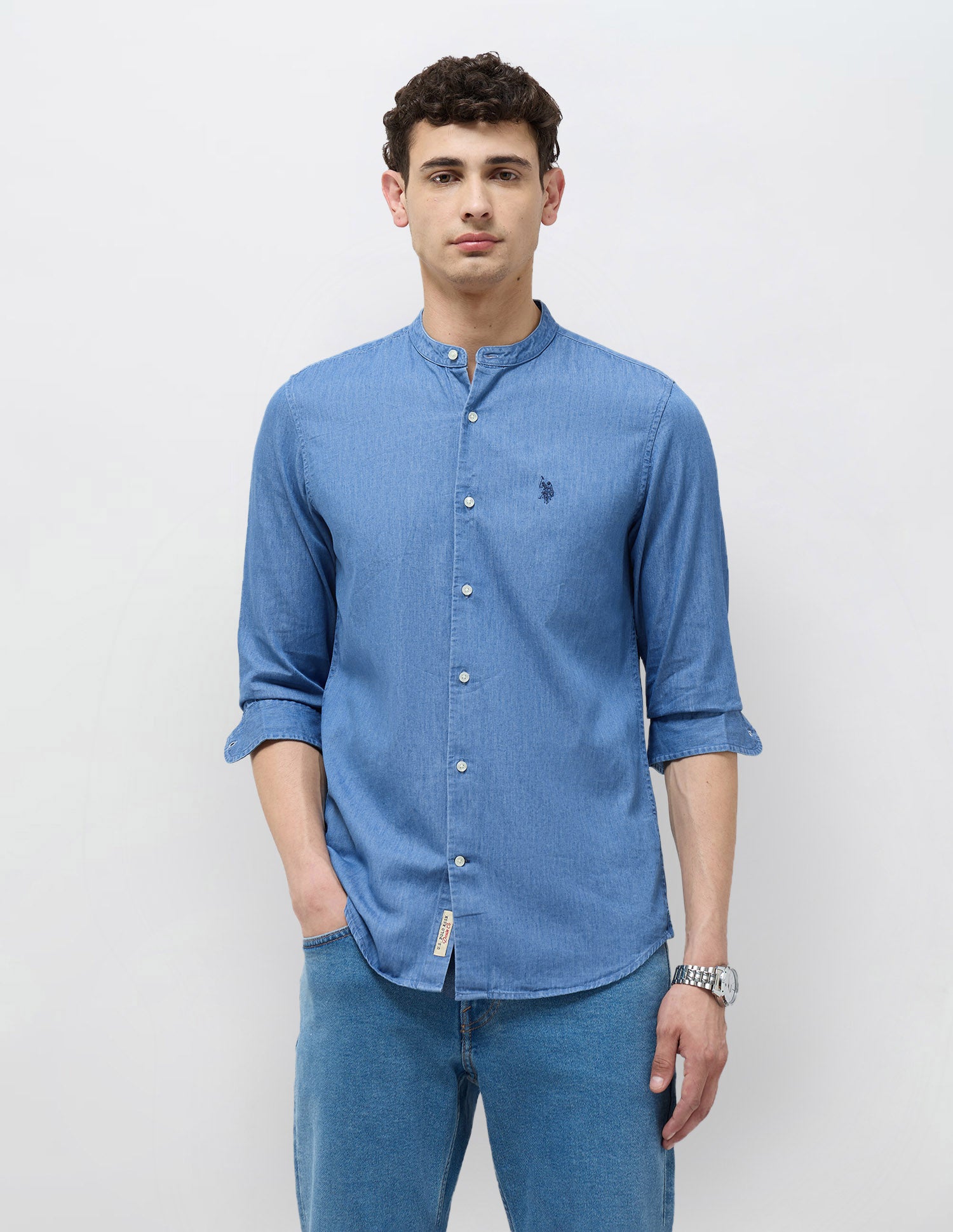 Twill Slim Fit Mandarin Shirt Indigo - U.S. POLO ASSN. | Large