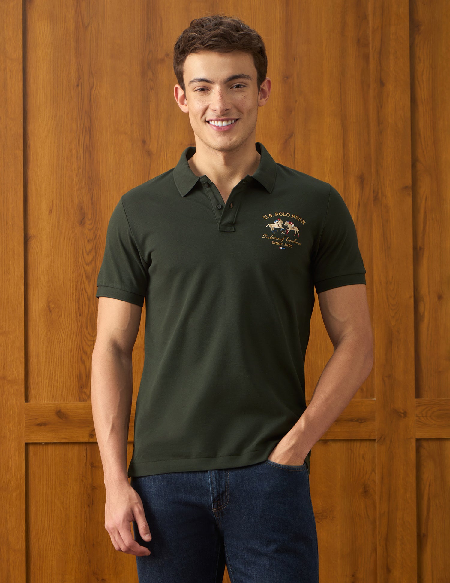 Solid Slim Fit Polo Shirt Olive - U.S. Polo Assn. India | Large