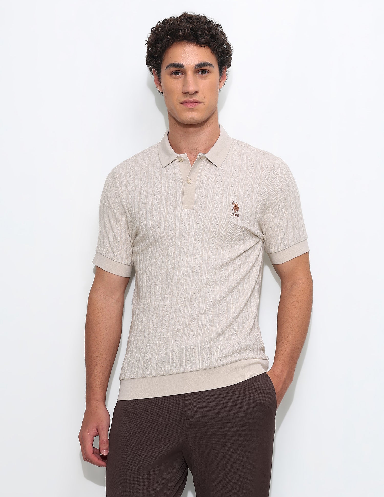 Textured Slim Fit Polo Shirt Beige - U.S. Polo Assn. India | Large