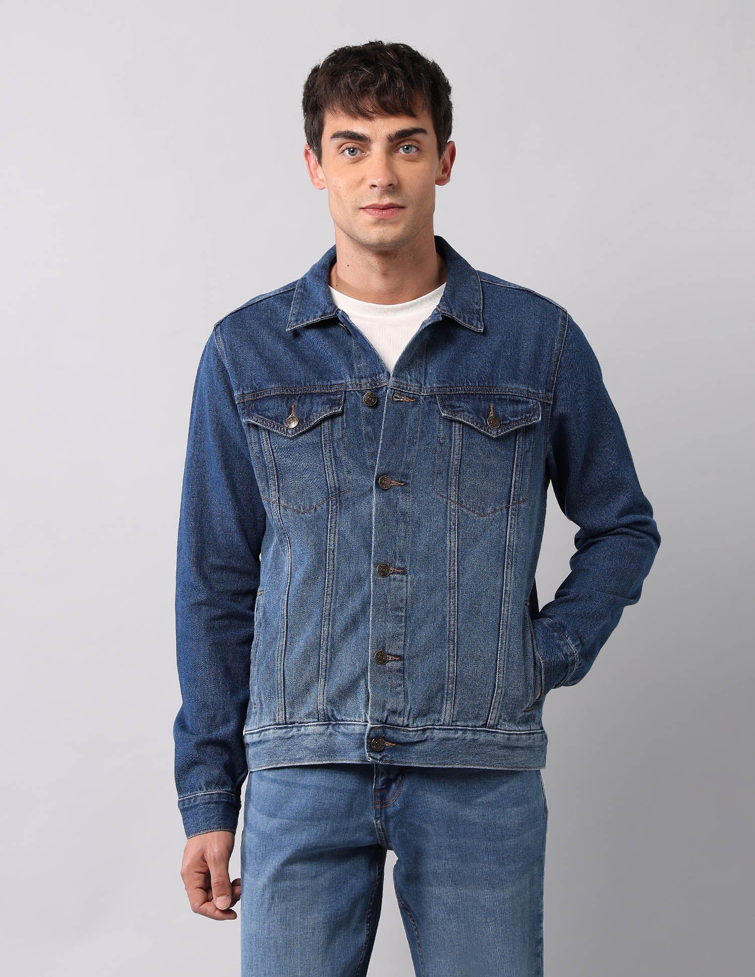 Pure Cotton Regular Fit Denim Jacket Mid Wash - U.S. Polo Assn. India | Large