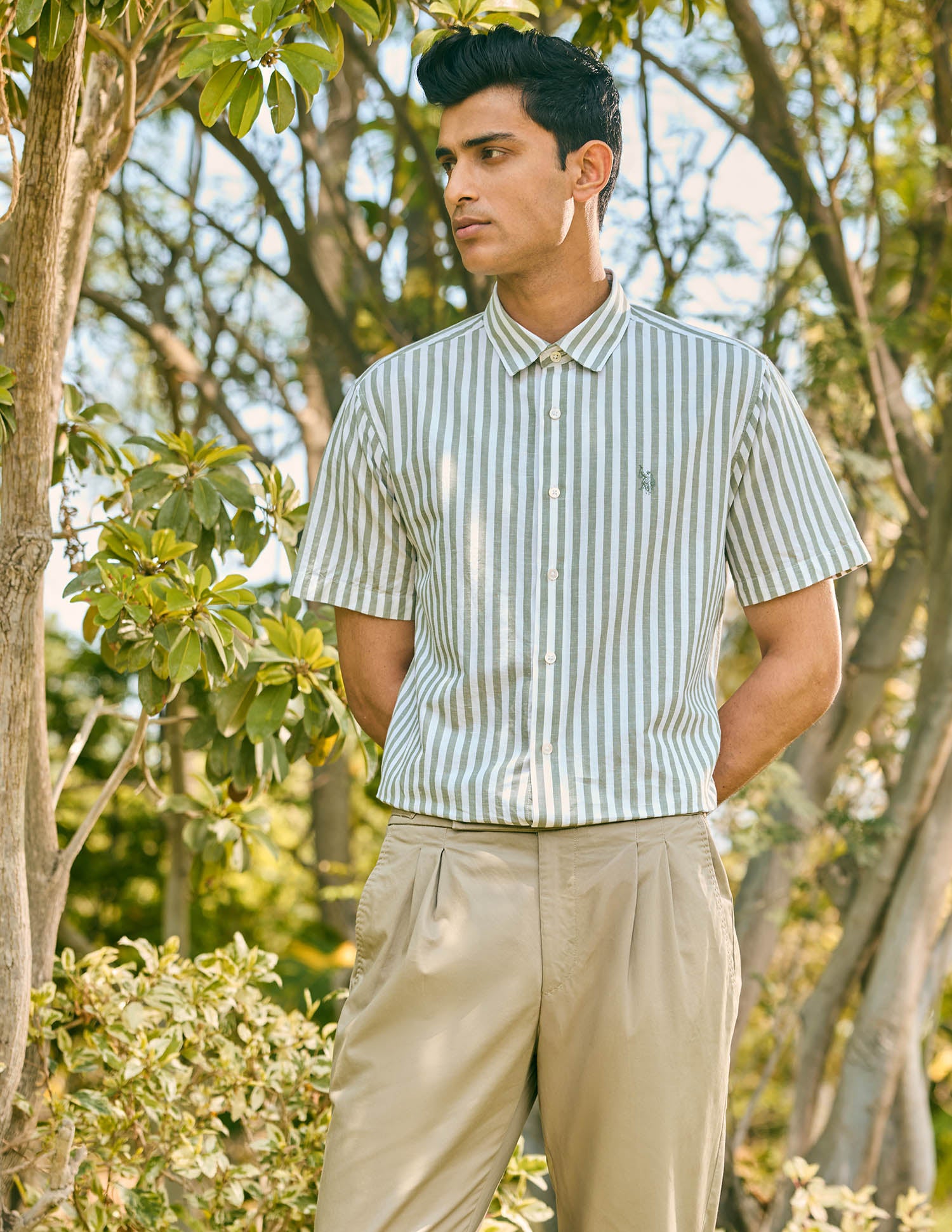 Pacho X Vertical Stripe Cotton Linen Shirt Light Green - U.S. POLO ASSN. | Large