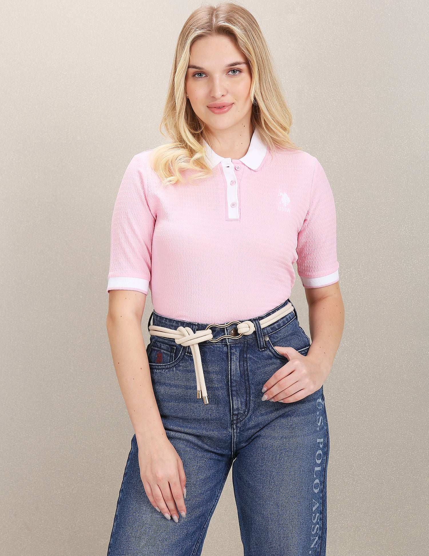 Zipper Placket Textured Polo Shirt Pink - U.S. POLO ASSN. | Large