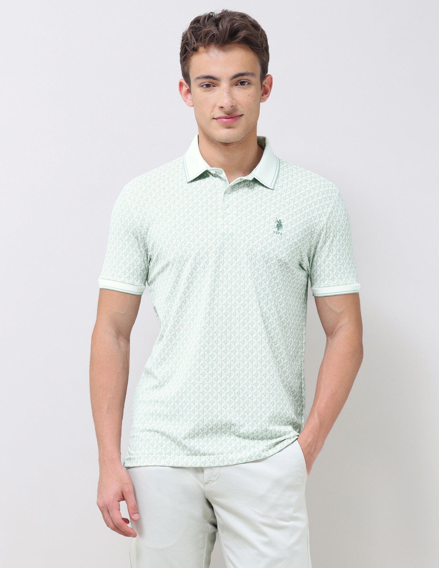 Geometric Printed Slim Fit Polo Shirt Light Green - U.S. Polo Assn. India | Large
