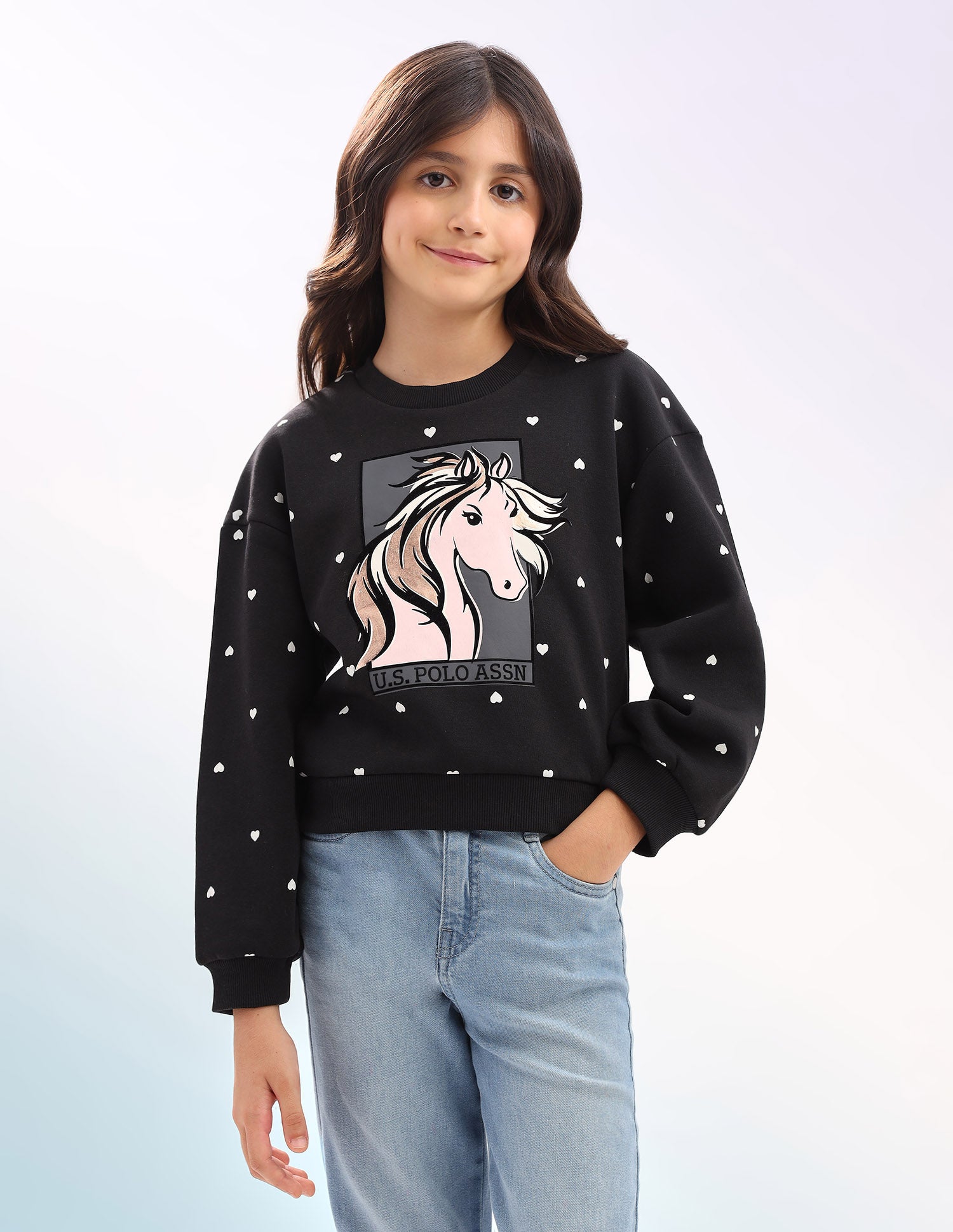 Girls Graphic Printed Regular Fit Sweatshirt Black - U.S. POLO ASSN. | Large
