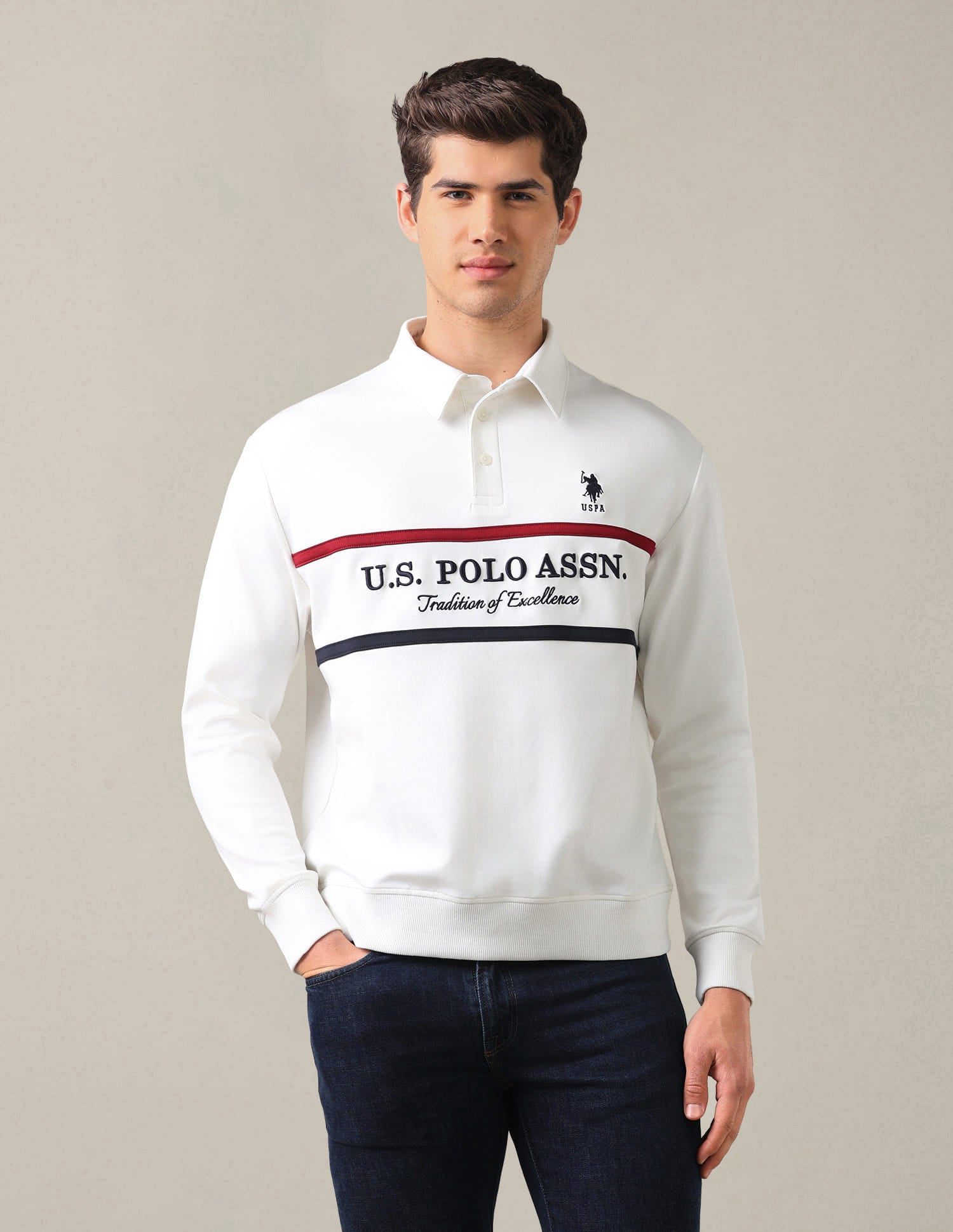 Brand Embroidered Slim Fit Sweatshirt White - U.S. Polo Assn. India | Large