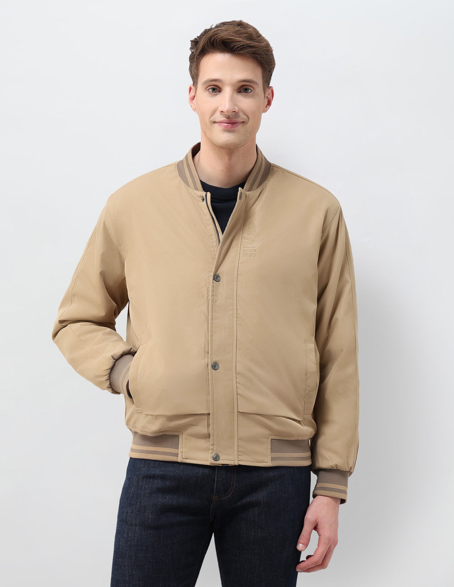 Solid Regular Fit Bomber Jacket Khaki - U.S. Polo Assn. India | Large