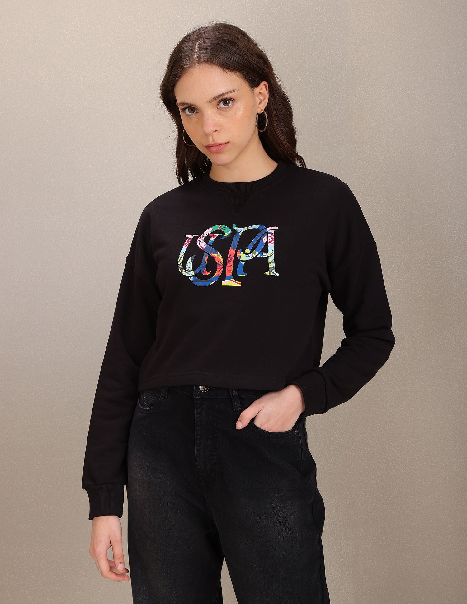Crew Neck Typographic Print Crop Sweatshirt Black - U.S. Polo Assn. India | Large