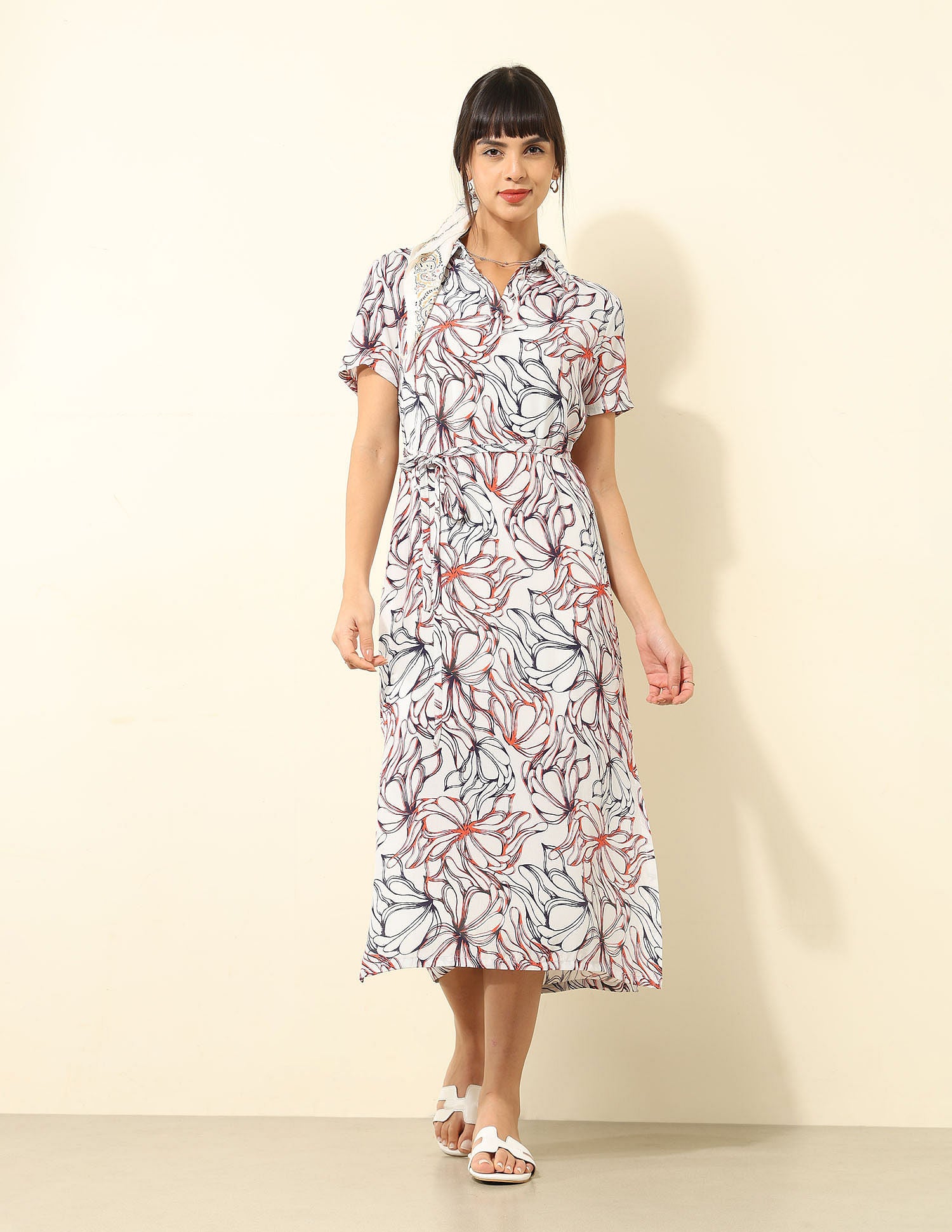 Floral Printed A-Line Dress Off White - U.S. Polo Assn. India | Large