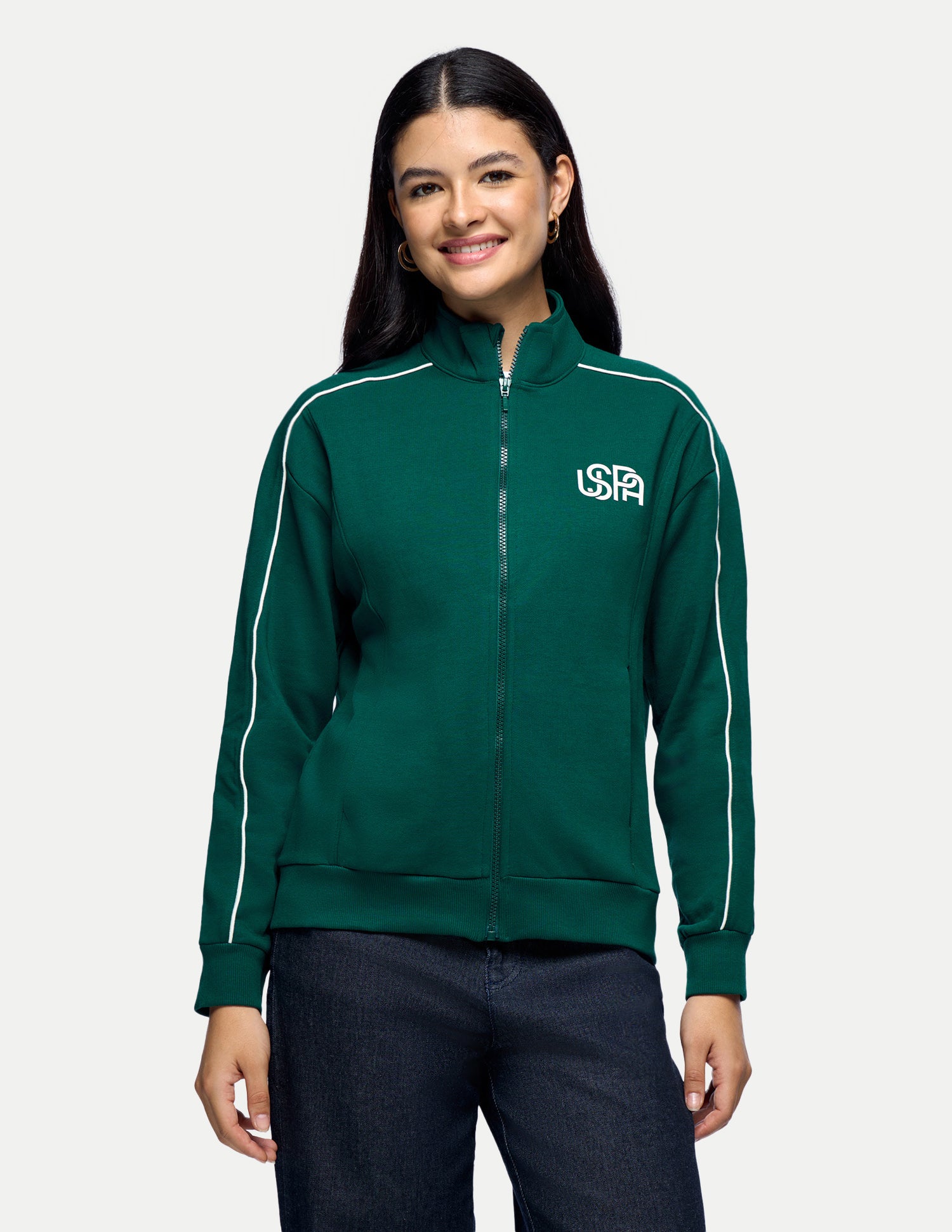 Contrast Piping Zipper Jacket Dark Green - U.S. Polo Assn. India | Large