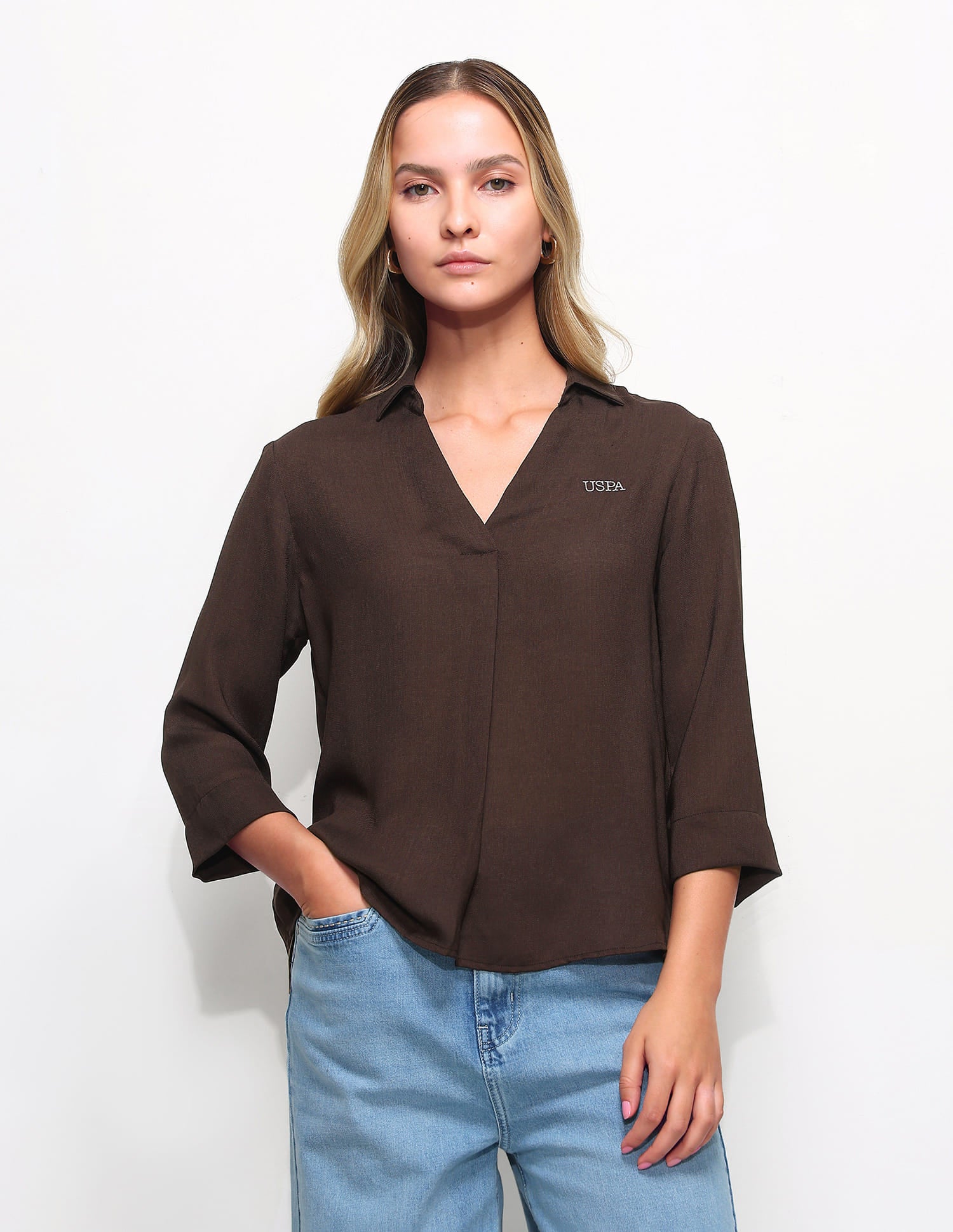 Textured Knotch Collar Top Brown - U.S. Polo Assn. India | Large