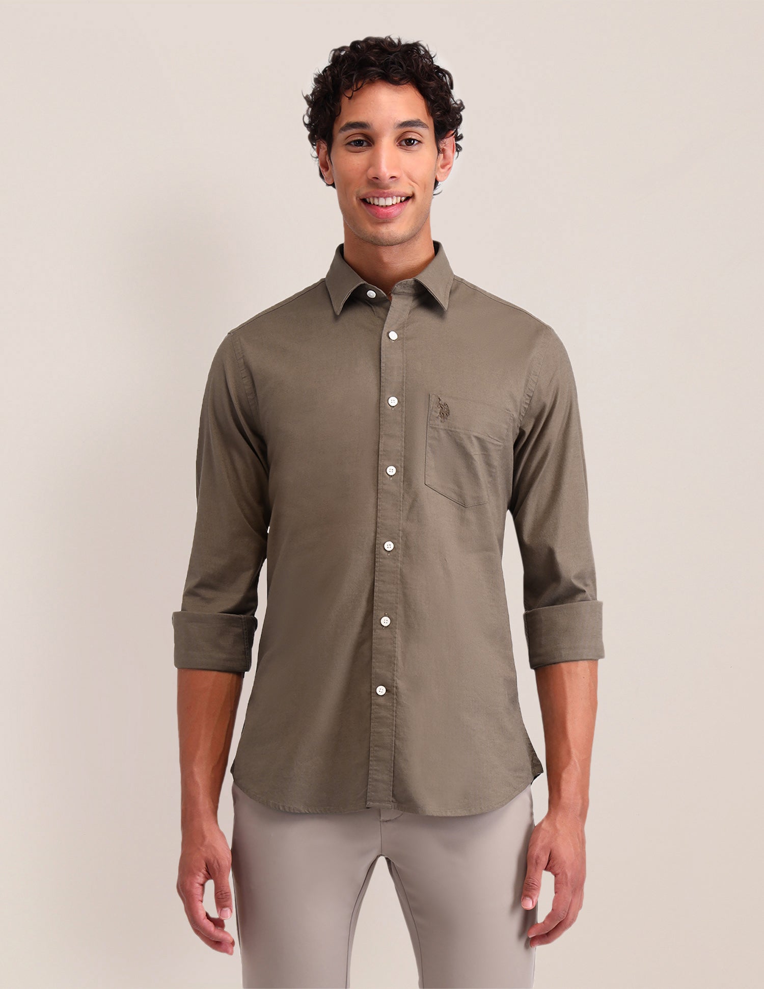 Solid Tailored Fit Shirt Khaki - U.S. POLO ASSN. | Large